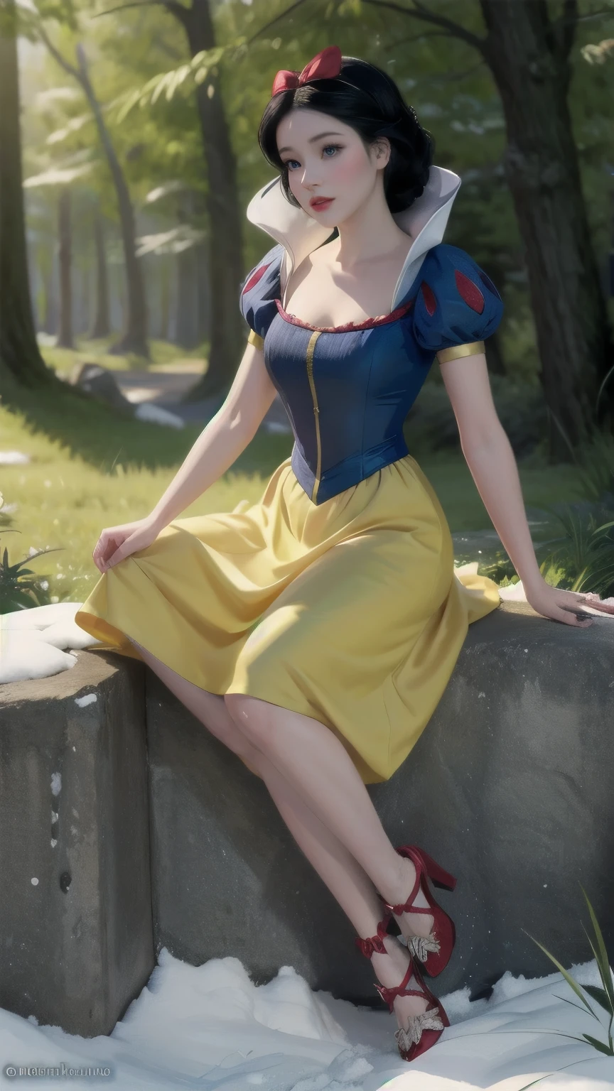 ((1 girl)), masterpiece, (high quality, Best Rendering), (beautiful girl, snow white), (bomb, Pin-up Style), hot, Floss, Perfect body, araffed snow white in a yellow dress with a red bow, sexy snow white, portrait of snow white, pale snow white skin, 4K HD. snow white hair, Disney Princesses, Beautiful woman princess, Anime Princess, HD artwork, Official Art, a cartoon by disney, Beautiful Princess, Forest Background, Long, slender legs, Large Breasts, Sexy pose, Vibrant colors