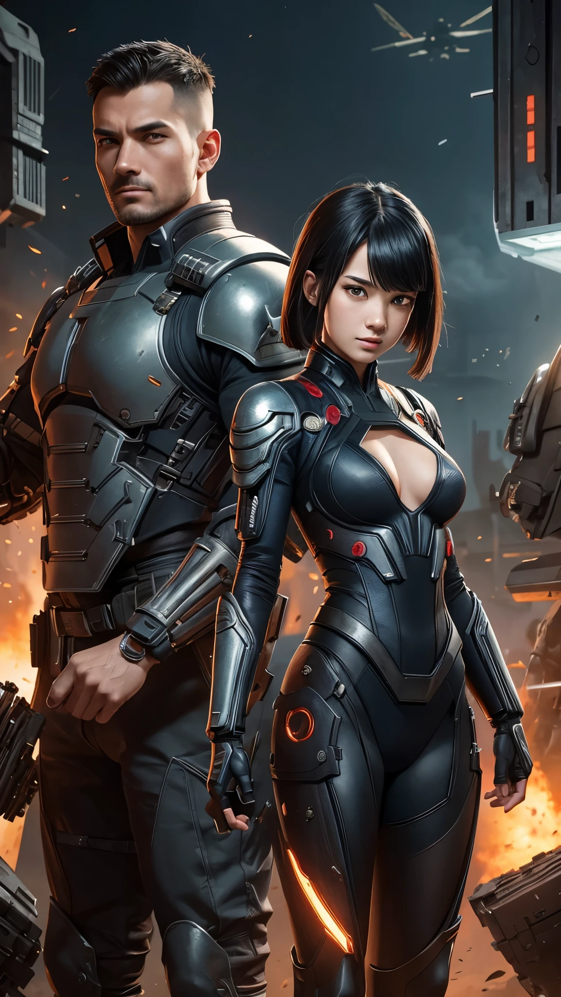 (best quality), oriental detailed background, science fiction,mechanical arms,girl with man , war, monster army, techwear, military uniform, comics,fantasia,sfw,marvel e DC