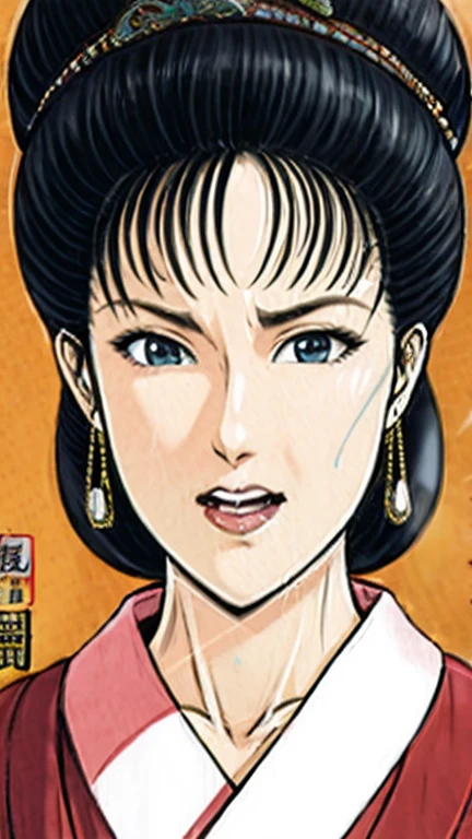 (best quality), (very aesthetic), (ultra-detailed), (best illustration),a mature female,Perfect Face,Suikoden,Mrs. Lin,(full_body),big breast,red cheek,Sweating,skinny, chinese traditional lingerie,chinese traditional style bed,She opens her mouth wide and closes her eyes, moaning with pleasure.