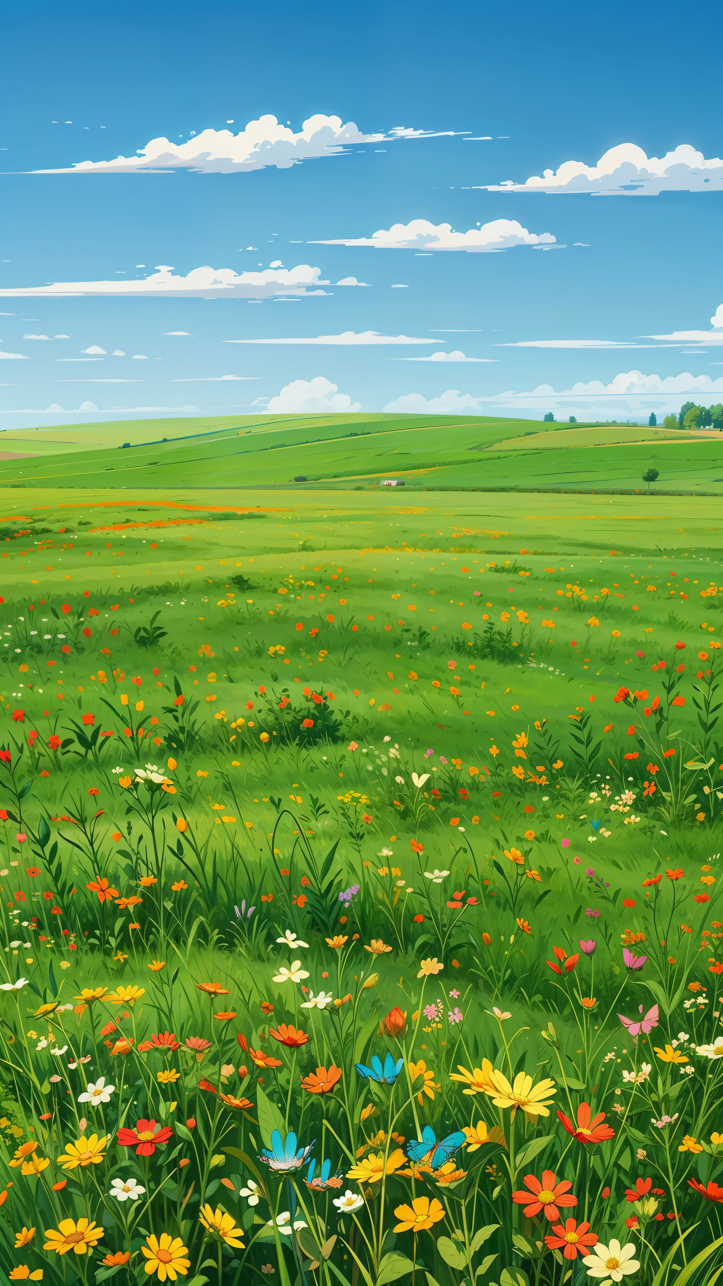 a painting of a green field with a blue sky in the background, straight line of horizon, multicolored flowers, farm field background, meadow background, field background, windows xp, windows xp wallpaper, windows xp background, farm background, windows xp bliss wallpaper, sunny sky background, steppe background, landscape background, blue sky and green grassland, sunny day background, clear sky background, landscape wallpaper, clear summer sky background