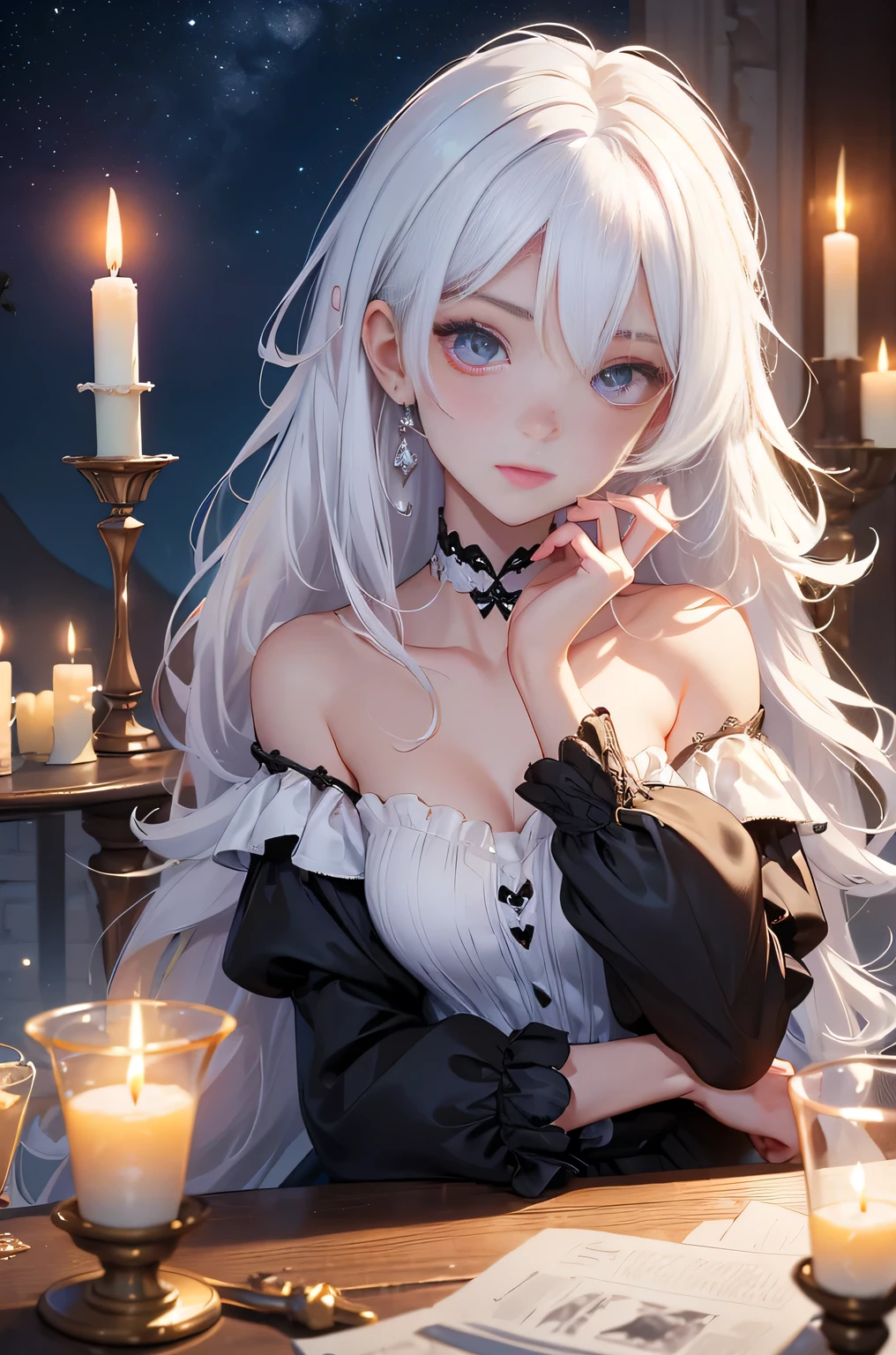 (masterpiece, highest quality:1.2), 1 girl, alone, ((Off-the-shoulder clothing)), ((night)), ((White Hair))lanthanum, Candlelight, Deep in Wonderland，The moonlight pours down like water，fog，The heroine&#39;s figure is vaguely visible，Big Breasts,Cute face，Slightly upturned corners of the mouth，Like a fairy,Clothes Fluttering，Her hair is casually tied back，A few strands of hair are swaying gently in the wind，((Royal Costume、Thick fabric,Royal family in hanbok)):1.5、Beautiful cleavage、(Fox Ears,Fox&#39;s Tail、Fox）