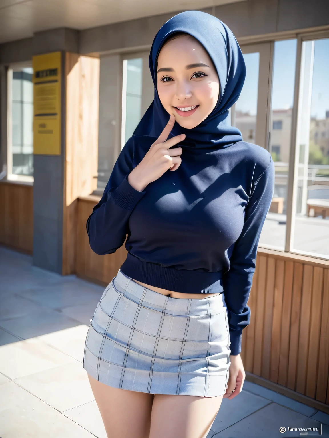 A beauty woman with hijab in a student uniform, big breasts, a smile, happiness, a mini skirt with vivid colors and a youthful style (best quality,4k,8k,highres,masterpiece:1.2), ultra-detailed, (realistic,photorealistic,photo-realistic:1.37), professional lighting, bright and vibrant colors, detailed eyes, intricate embroidery on the hijab, a fashionable bag, a lively campus background, confident posture, radiant skin, intricate patterns on the uniform fabric, emphasizing the beauty of diversity, and a stylish hairstyle.