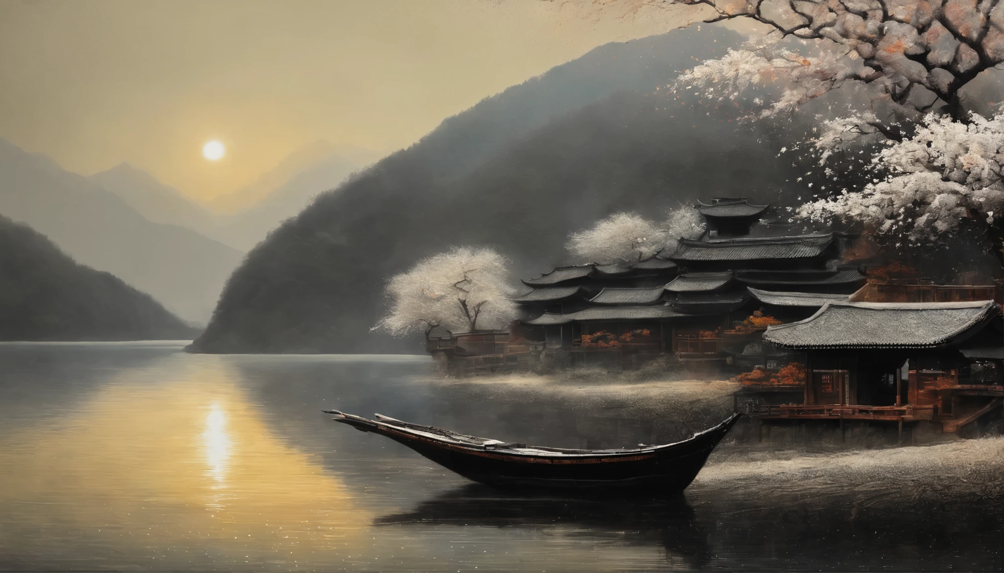 Traditional Chinese ink painting, Black and White, White ink painting, Ichijo small boat,Wandering on the lake,Mountains tower,sunny,Osmanthus branches,Vibrant colors