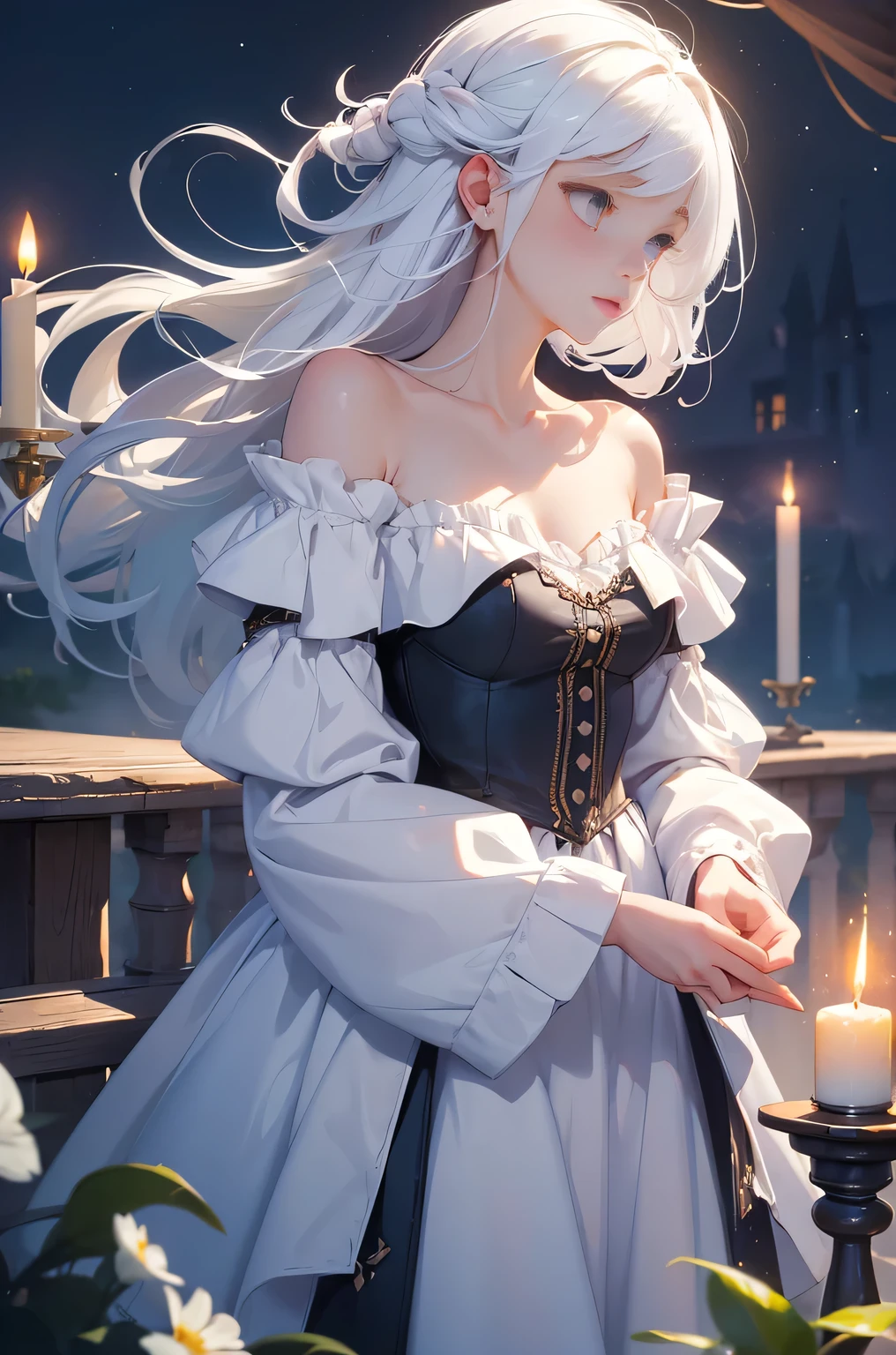 (masterpiece, highest quality:1.2), 1 girl, alone, ((Off-the-shoulder clothing)), ((night)), ((White Hair))lanthanum, Candlelight, Deep in Wonderland，The moonlight pours down like water，fog，The heroine&#39;s figure is vaguely visible，Big Breasts,Cute face，Slightly upturned corners of the mouth，Like a fairy,Clothes Fluttering，Her hair is casually tied back，A few strands of hair are swaying gently in the wind，((Royal Costume、Thick fabric,Royal family in hanbok)):1.5、Beautiful cleavage、(Fox Ears,Fox&#39;s Tail、Fox）