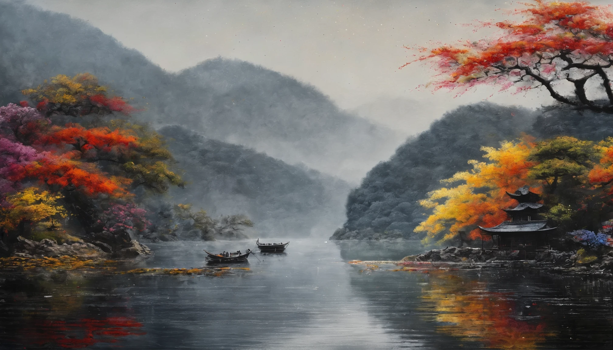 Traditional Chinese ink painting, Black and White, White ink painting, Ichijo small boat,Wandering on the lake,Mountains tower,sunny,Osmanthus branches,Vibrant colors
