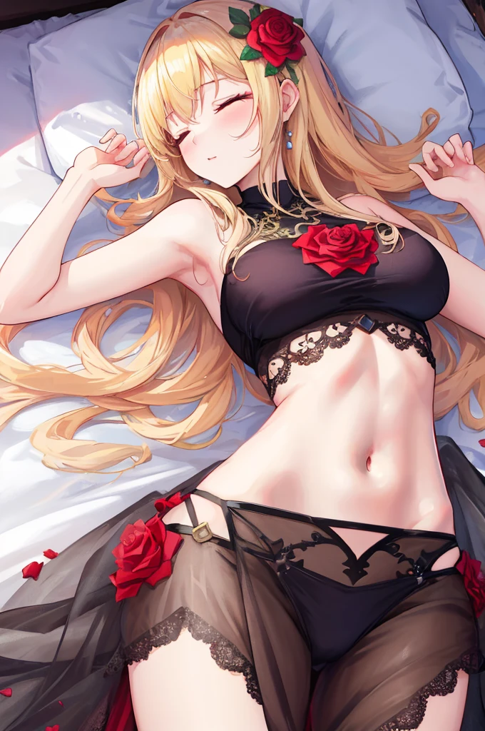 masterpiece,8k,Fairy tale style,Rose Princess,sleeping Beauty,A woman with medium ,(Gorgeous woman),ahegao,Long blond hair,Showing belly,Slim waist,红桃爱心❤️,Intricate rose pattern,
