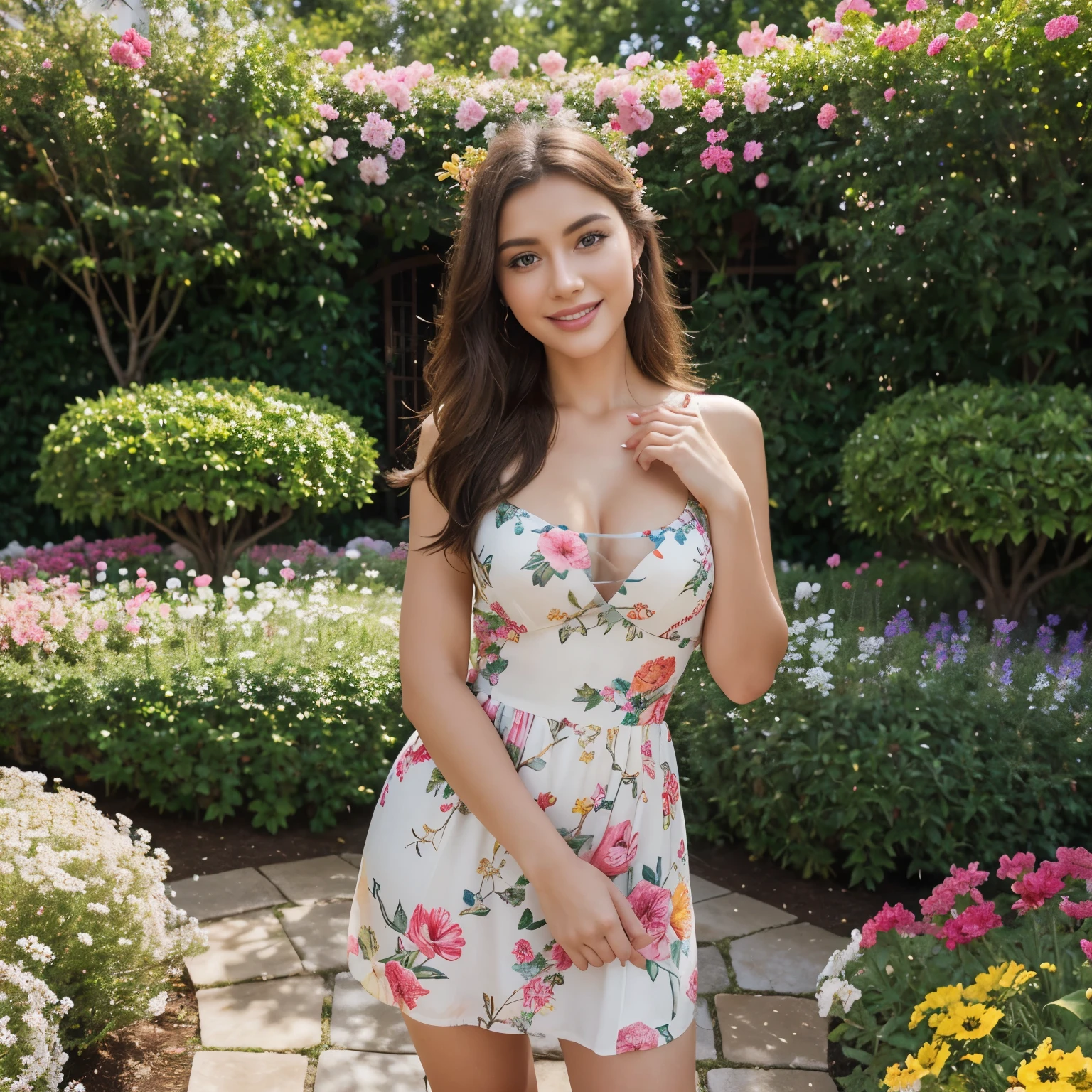 A young woman with beautiful detailed eyes and lips standing in a garden, surrounded by vibrant flowers. She is wearing a colorful dress and holding a bunch of balloons, with a joyful expression on her face. The scene is captured in a realistic and vivid style, resembling a professional photograph. The colors in the image are vibrant and the lighting is natural, highlighting the beauty of the garden and the woman. The image is of the highest quality, with sharp focus and ultra-fine painting details, creating a visually stunning masterpiece. The artwork is created using a mix of traditional painting techniques and digital rendering, resulting in a unique and eye-catching aesthetic. The overall color tone of the image is warm and cheerful, enhancing the festive atmosphere of the birthday celebration.