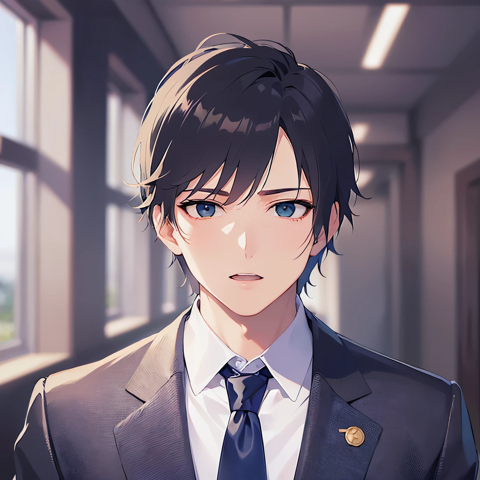 upper body、shiny skin, masterpiece、highest quality、(25-year-old male:1.5) and (Brown short hair) and (Green Eyes), (Wearing a suit) and (Blue tie)、confused、open mouth, Background is an office room、(Alone:1.5)、Are standing