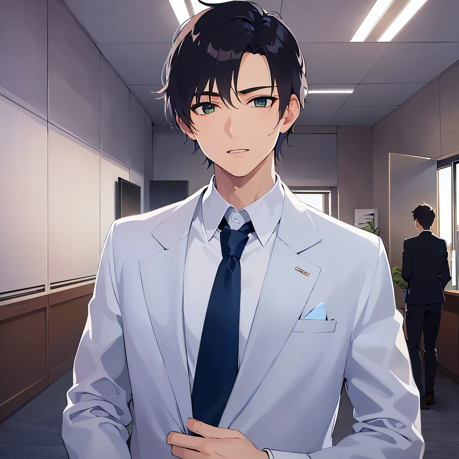 upper body、shiny skin, masterpiece、highest quality、(25-year-old male:1.5) and (Brown short hair) and (Green Eyes), (Wearing a suit) and (Blue tie)、confused、open mouth, Background is an office room、(Alone:1.5)、Are standing