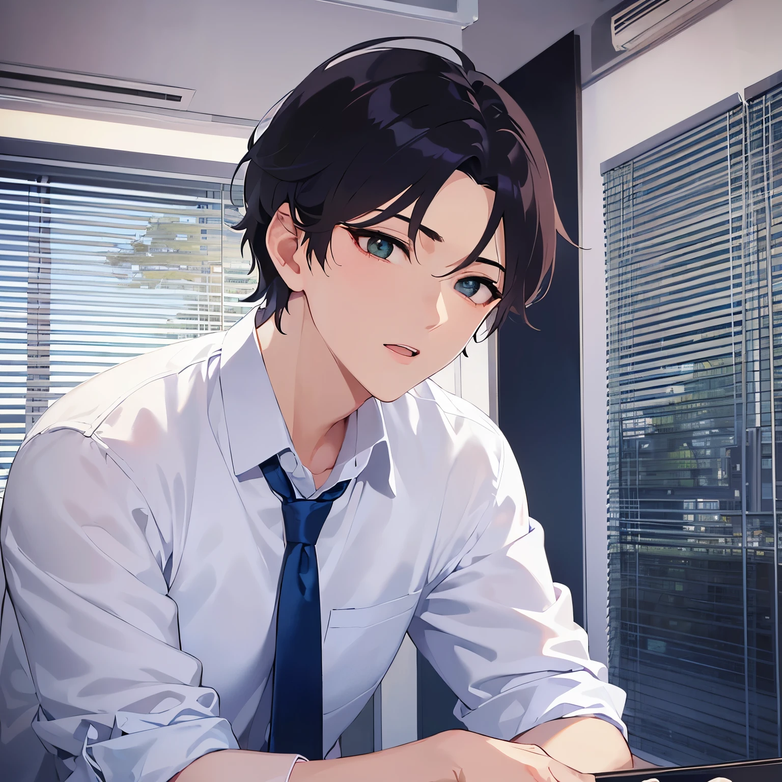 upper body、shiny skin, masterpiece、highest quality、(25-year-old male:1.5) and (Brown short hair) and (Green Eyes), (Wearing a suit) and (Blue tie)、confused、open mouth, Background is an office room、(Alone:1.5)、Are standing