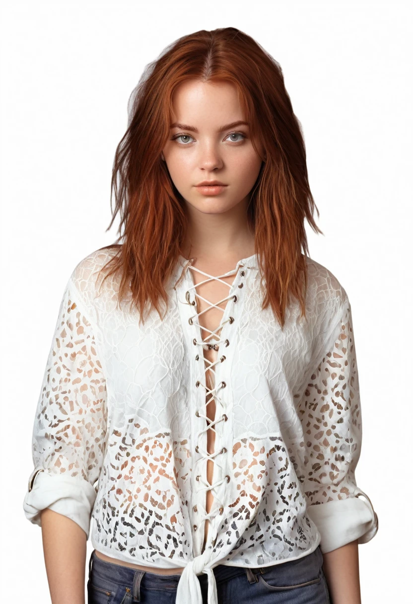 twenty year old woman, straight auburn hair, bohemian style, photorealism, high quality, 8k, 1310lbs, 90s style, 1990s, lace up shirt, no background