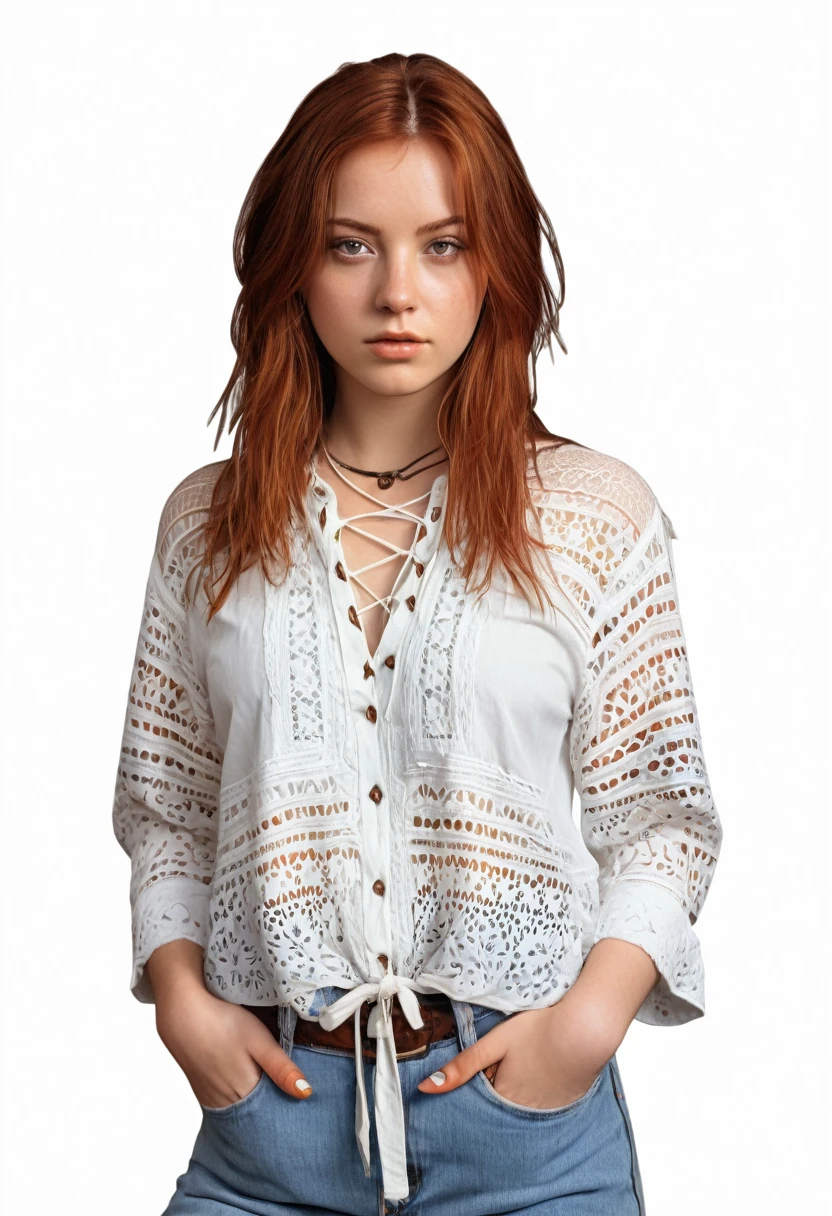twenty year old woman, straight auburn hair, bohemian style, photorealism, high quality, 8k, 1310lbs, 90s style, 1990s, lace up shirt, no background