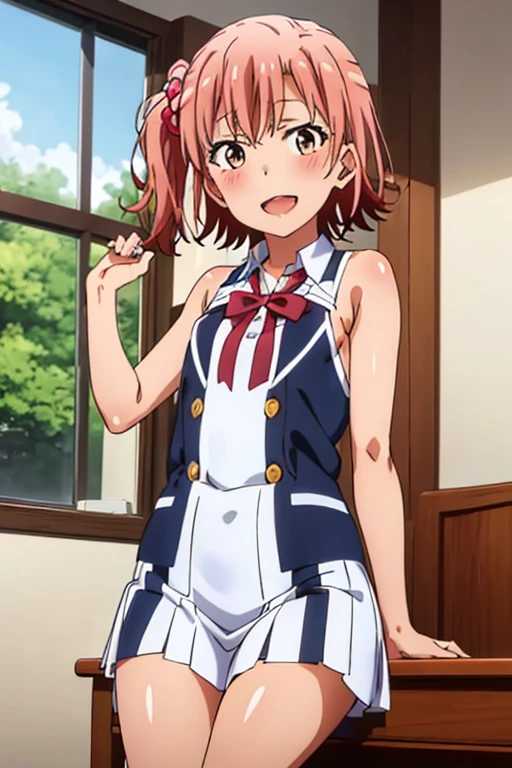 ((highest quality)), ((masterpiece)), (be familiar with), Perfect Face, indoor, Bedroom, Watching the audience,
One woman, Yuigahama Yui,
Open Mouth, Ecstatic expression, blush, smile,
Small breasts, Flat Chest, Young Girl, , , Girl,
Short Hair, Salmon-colored hair, Salmon-colored eyes, Side Pony,
Leg spread,