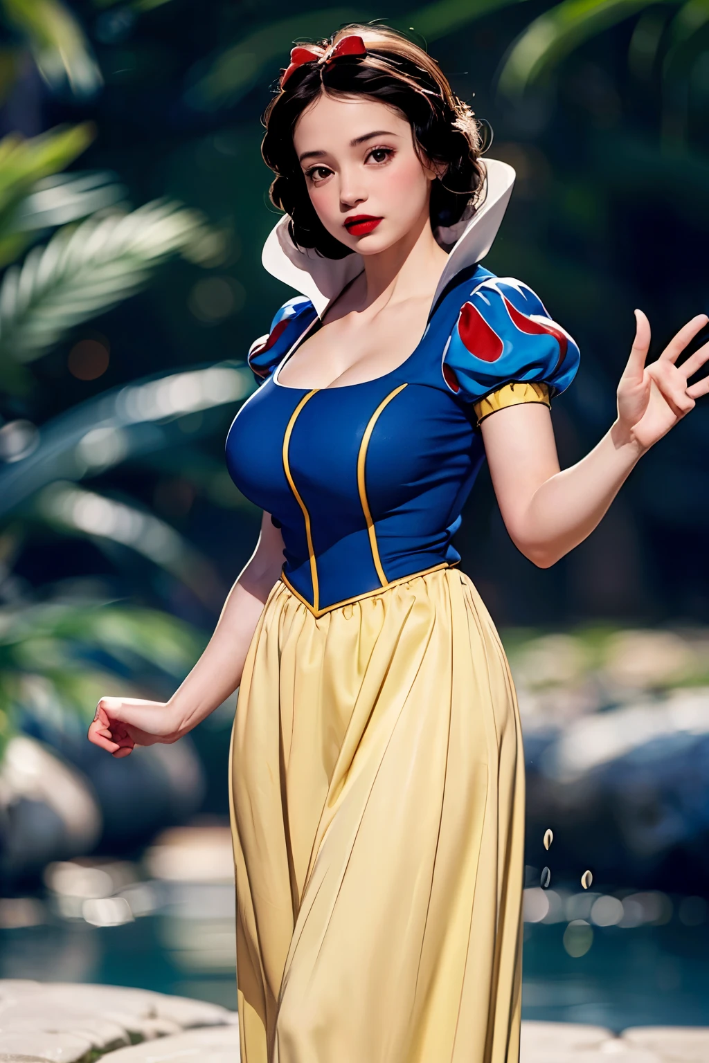 (Ultra-realistic,32k, masterpiece:1.2),(Skin with attention to detail:1.1),( high quality:1.1),
One girl, alone, snow white, short hair, Black Hair, Smooth Hair, bow, Brown eyes, lipstick, red lipstick, Pale skin, yellow dress skirt, Long skirt, Blue bodice,  Short sleeve, hair bow, hair band, Puffy sleeves, puffy Short sleeve, Magical Cascade, Cascade Magic, Mysterious Water, Fascinating waterfall blurred background,,(View your viewers, Are standing, From below:1.1),, (Huge breasts,Large Breasts:1.1),(Bioluminescent:1.1),