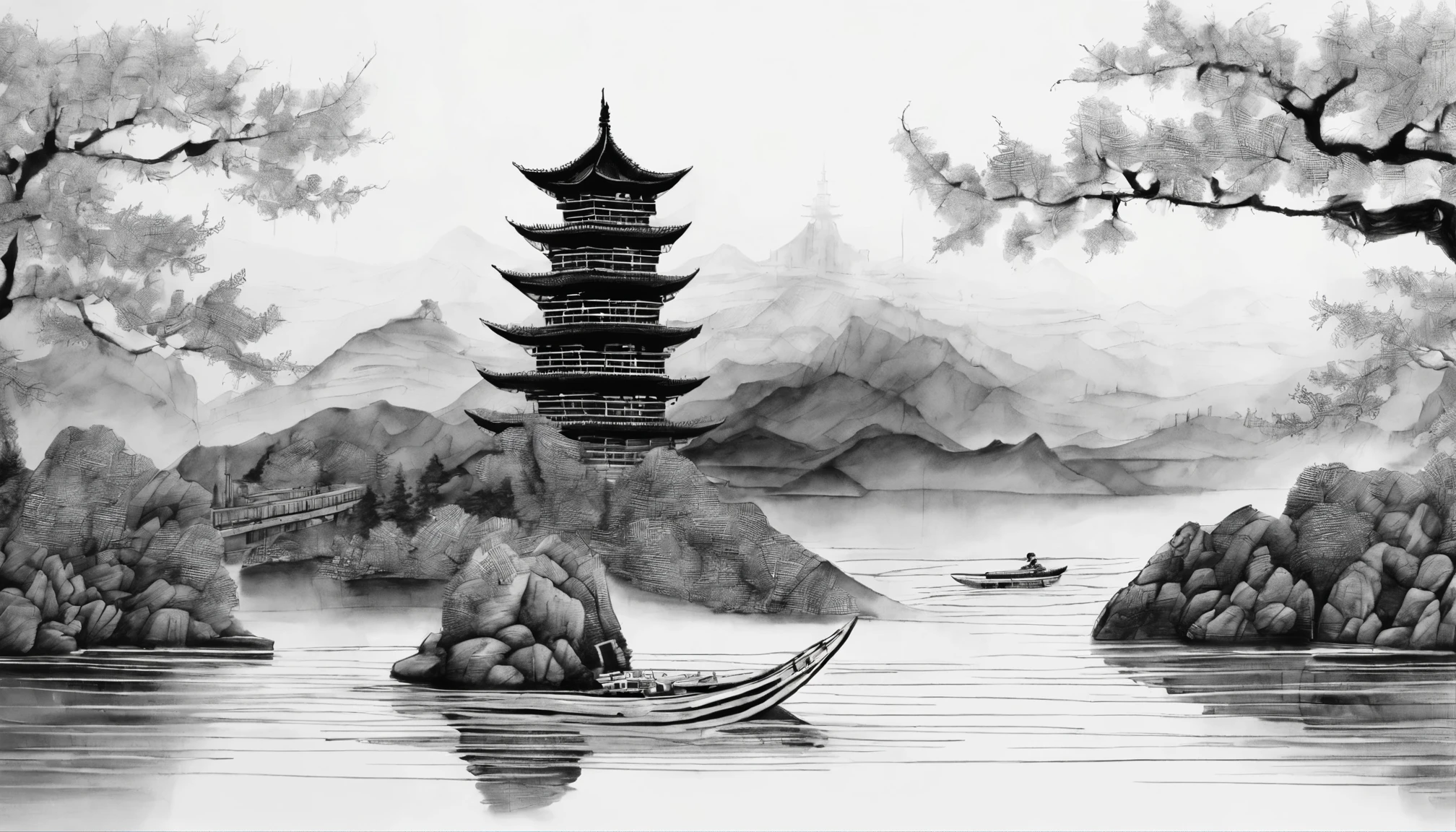 Traditional Chinese ink painting, Black and White, White ink painting, Ichijo small boat,Wandering on the lake,Mountains tower,sunny,Osmanthus branches,