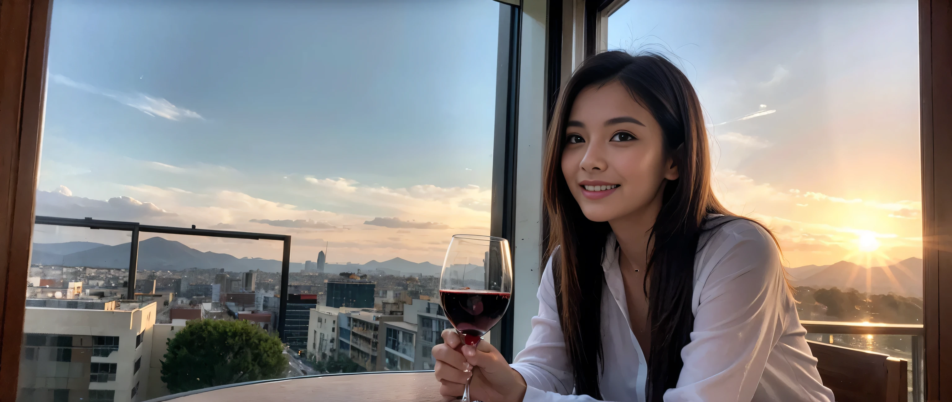 ((highest quality、8k、masterpiece:1.3))、Sharp focus:1.2、Beautiful woman perfect body:1.4、Slim body、((Bob Hale、Straight hair:1.2))、(to be born, highest quality, masterpiece:1.5), (Realistic, Intricate details:1.2), Wine glass on the table、Put the light on your face、 Amazing view of the sunset sky and clouds、Amazing mountain views、A bright smile、A lovely woman with a smile、Bright image、2. The beauty of wine, Beautiful Face, blue eyes, The light shines on your face, Blushing, short hair,Bright Face、Fox face、 (43 years old), 39 years old, Lady、red wine 、Appetizers、Italian food、Wine bottle、Champagne、sparkling wine、Two beauties、Brown Hair、Shortcuts、Long sleeve shirt、dress、Pretty Woman 1, (Slim face), (The body is slim), (Brown Hair), (Shortcuts), cheeks turn a little red,Attractive beauty、, Out of the window, A beautiful and detailed night view unfolds.........., restaurant, In a prominent place (From the waist up) Nova Frog Style, actress, model, Upper Body, White wine, slim, wine glass, A wine glass placed in the middle, smile, (smile: 1.15), Beautiful fine grain, Depth f/2,saturation, High Contrast, Strong light and shadow,Moist Body:1.5、3D texture、Delicate eyes、Brown Hair、The hair is very shiny、