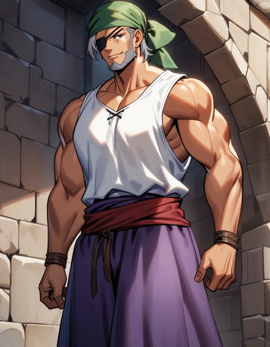 1man, muscular mature, pirate, green headscarf, gray hair, headscarf with asymmetrical bangs, blue 1eye, black eyepatch, short hair, tanned skin, tough, ordinary, forehead, BREAK solo, red waist cloth, purple arabian pants, white sleeveless shirt, loose fitting shirt, tented shirt, medieval, soft smile, in jrpg style, 1990s, masterpiece, best quality