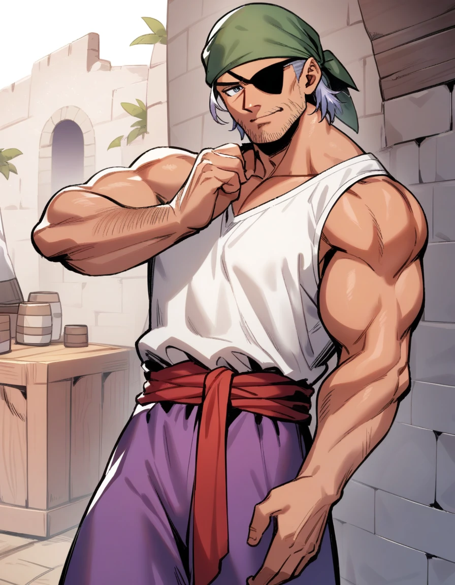 1man, muscular mature, pirate, green headscarf, gray hair, headscarf with asymmetrical bangs, blue 1eye, black eyepatch, short hair, tanned skin, tough, ordinary, forehead, BREAK solo, red waist cloth, purple arabian pants, white sleeveless shirt, loose fitting shirt, tented shirt, medieval, soft smile, in jrpg style, 1990s, masterpiece, best quality