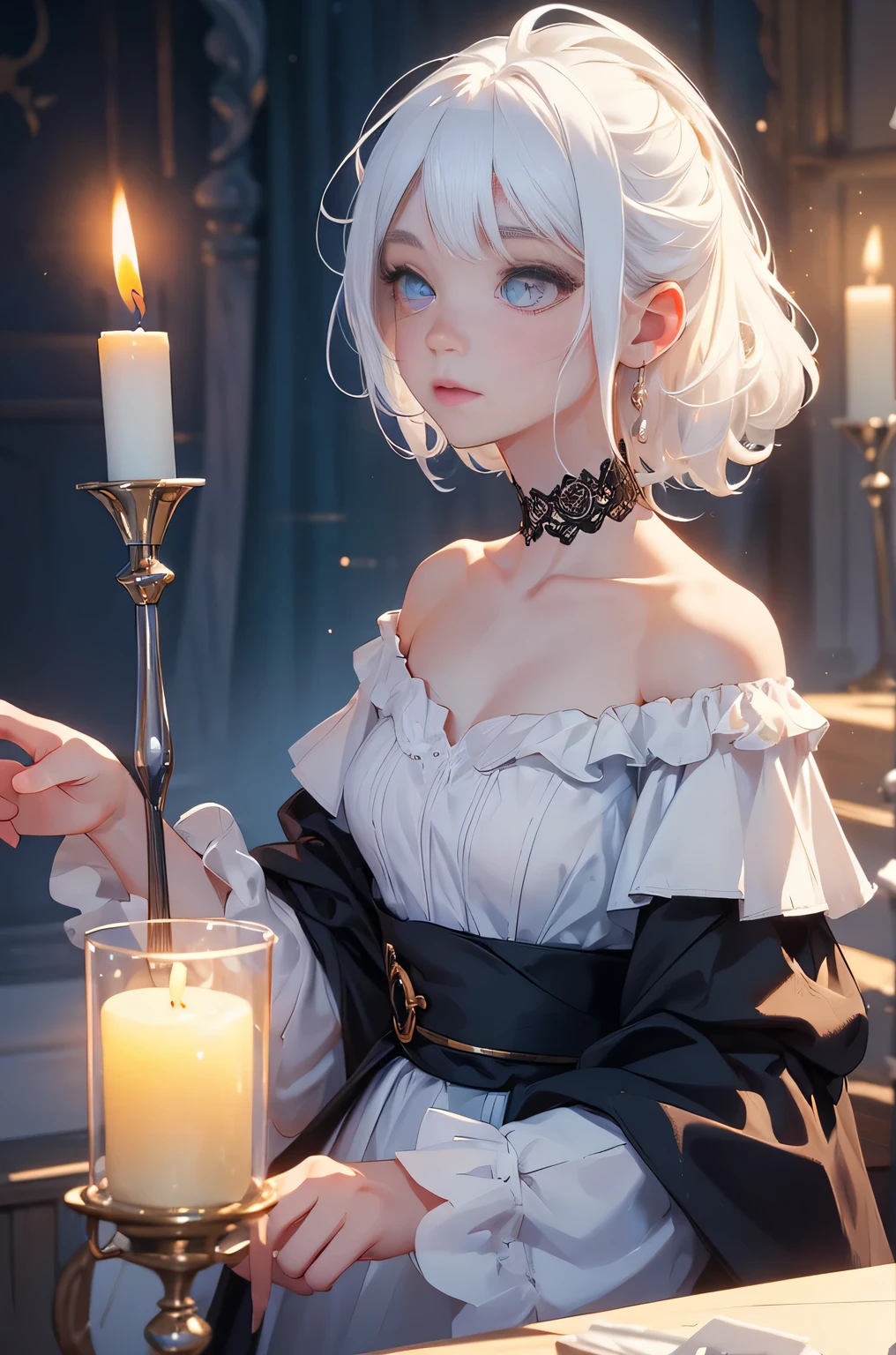 (masterpiece, highest quality:1.2), 1 girl, alone, ((Off-the-shoulder clothing)), ((night)), ((White Hair))lanthanum, Candlelight, Deep in Wonderland,The moonlight pours down like water,fog,The heroine's figure is vaguely visible,Big Breasts,Cute face,Slightly upturned corners of the mouth,Like a fairy,Clothes Fluttering,Her hair is casually tied back,A few strands of hair are swaying gently in the wind,((White ruffled dress)):1.5、Beautiful cleavage、(Fox Ears,Fox's Tail、Fox)