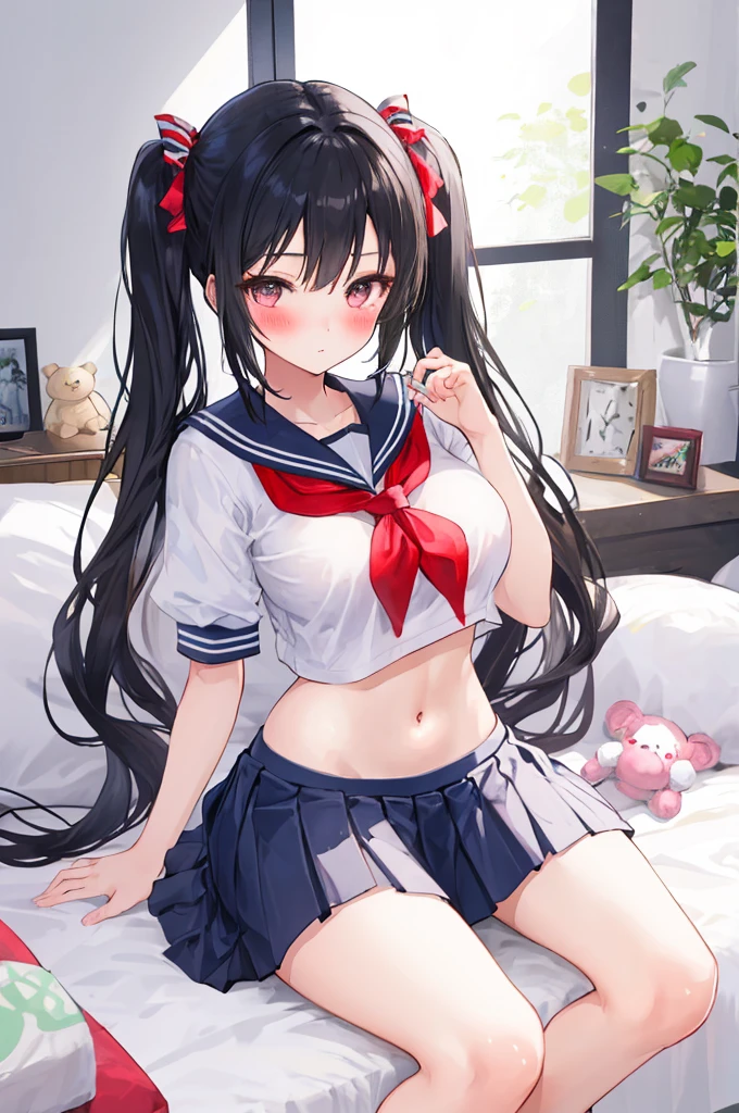 A girl,Sitting on the bed,There are a lot of stuffed animals,twintails,Long hair,Black Hair,((transparent)),Towering breasts,Sailor Suit,Slim waist,Showing belly,Smooth legs,blush,Pull up your skirt with both hands,See the pubic bone,