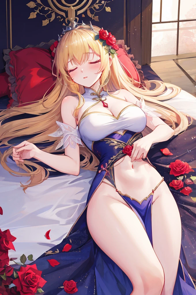 masterpiece,8k,Fairy tale style,Rose Princess,sleeping Beauty,A woman with medium ,(Gorgeous woman),ahegao,Long blond hair,Showing belly,Slim waist,红桃爱心❤️,Intricate rose pattern,
