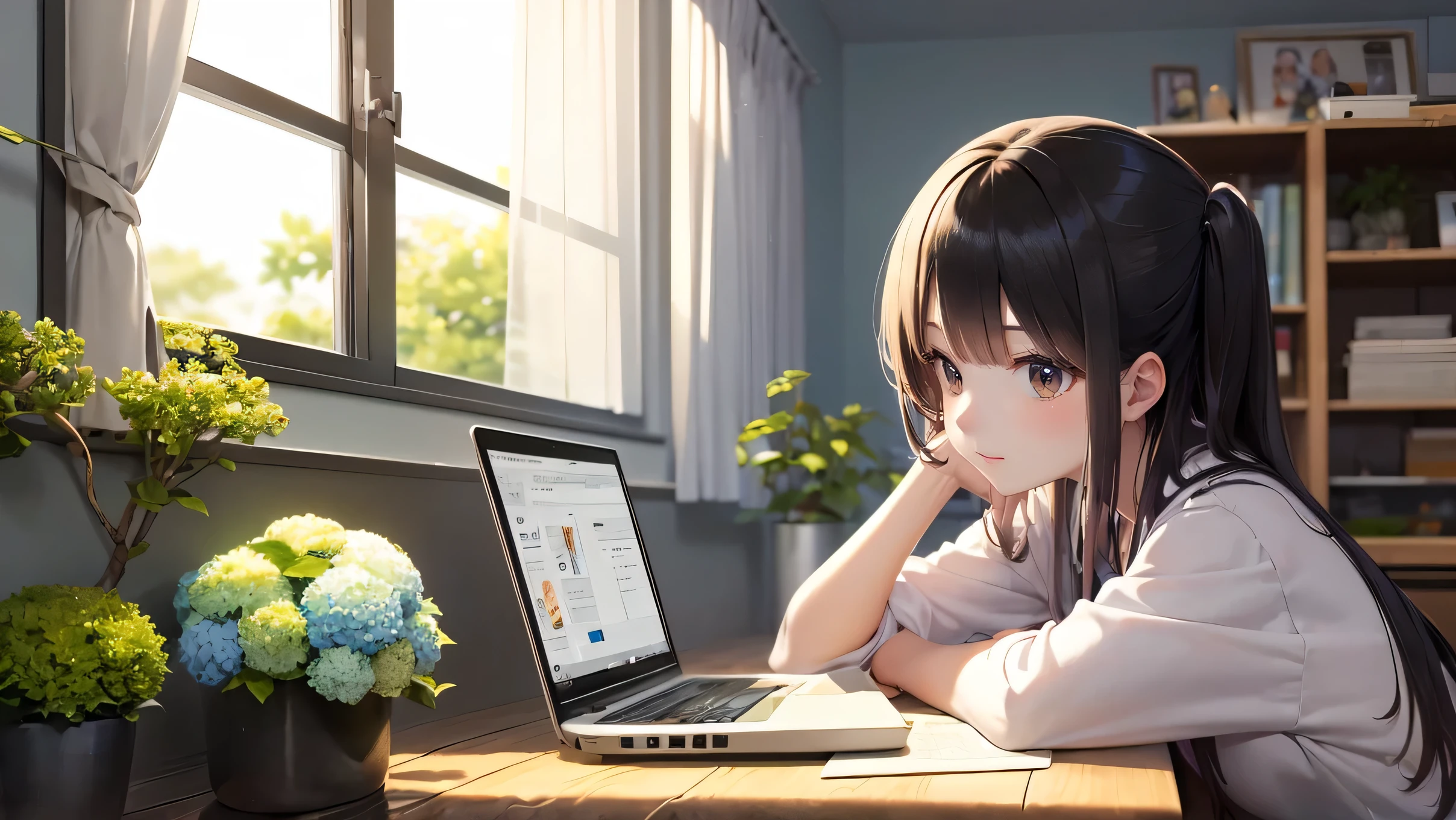 A girl is studying on a computer、Cute cat beside me、Hydrangeas are in full bloom outside the window、warm room、Japanese anime style