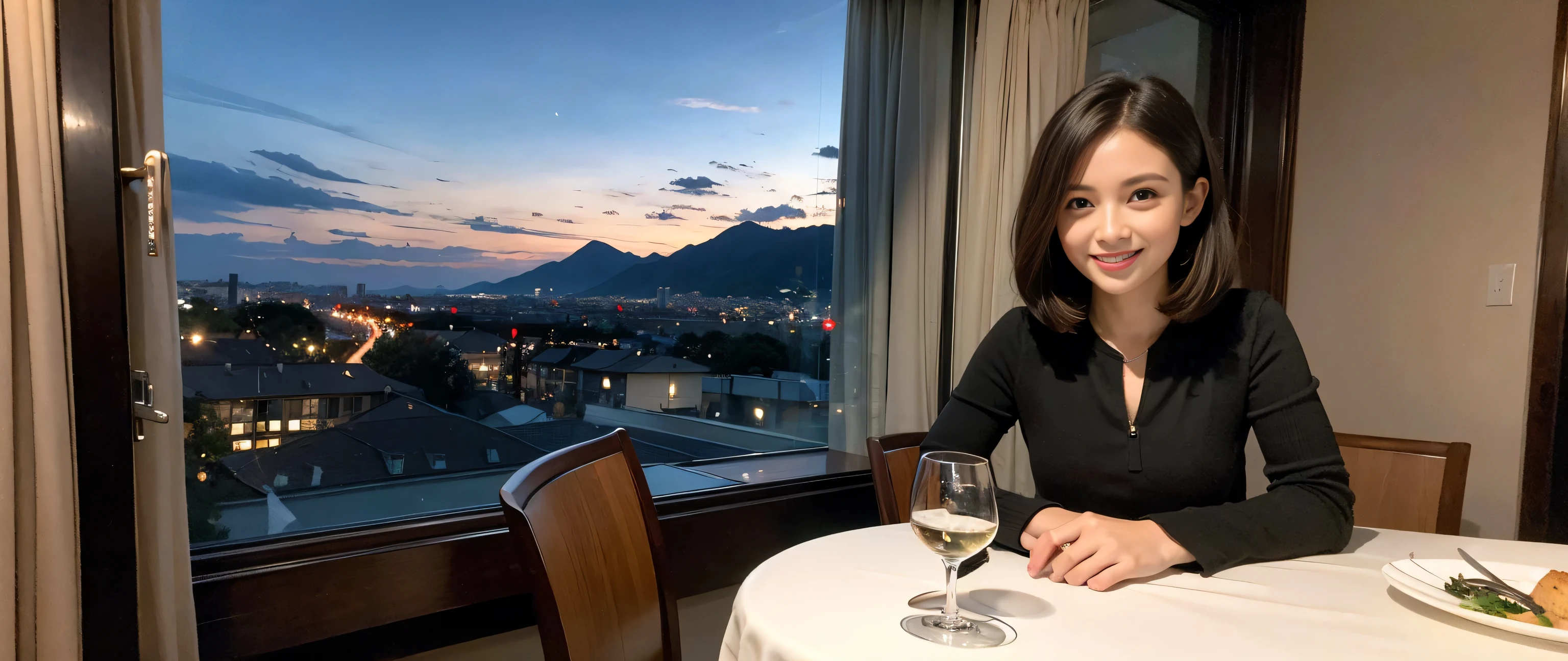 ((highest quality、8k、masterpiece:1.3))、Two beautiful women、Slim body、((Bob Hale、Straight hair:1.2))、(to be born, highest quality, masterpiece:1.5), (Realistic, Intricate details:1.2), Ultra-high resolution, Wine glass on the table、Lighting the face、Amazing view of the sunset sky and clouds、Amazing mountain views、A bright smile、A lovely woman with a smile、Bright image、The beauty of wine, Beautiful Face, blue eyes, The light shines on your face, Blushing, short hair,Bright Face、 (41 years old), 39 years old, Lady、red wine 、Appetizers、Italian food、Wine bottle、Champagne、sparkling wine、Two beauties、Brown Hair、Shortcuts、Long sleeve shirt、dress、Pretty Woman 1, (Slim face), (The body is slim), (Brown Hair), (Shortcuts), cheeks turn a little red,Attractive beauty、, Out of the window, A beautiful and detailed night view unfolds.........., restaurant, In a prominent place (From the waist up) Nova Frog Style, actress, model, Upper Body, White wine, slim, wine glass, A wine glass placed in the middle, smile, (smile: 1.15), Beautiful fine grain, Depth f/2,saturation, High Contrast, Strong light and shadow,Moist Body:1.5、3D texture、Delicate eyes、Brown Hair、The hair is very shiny、