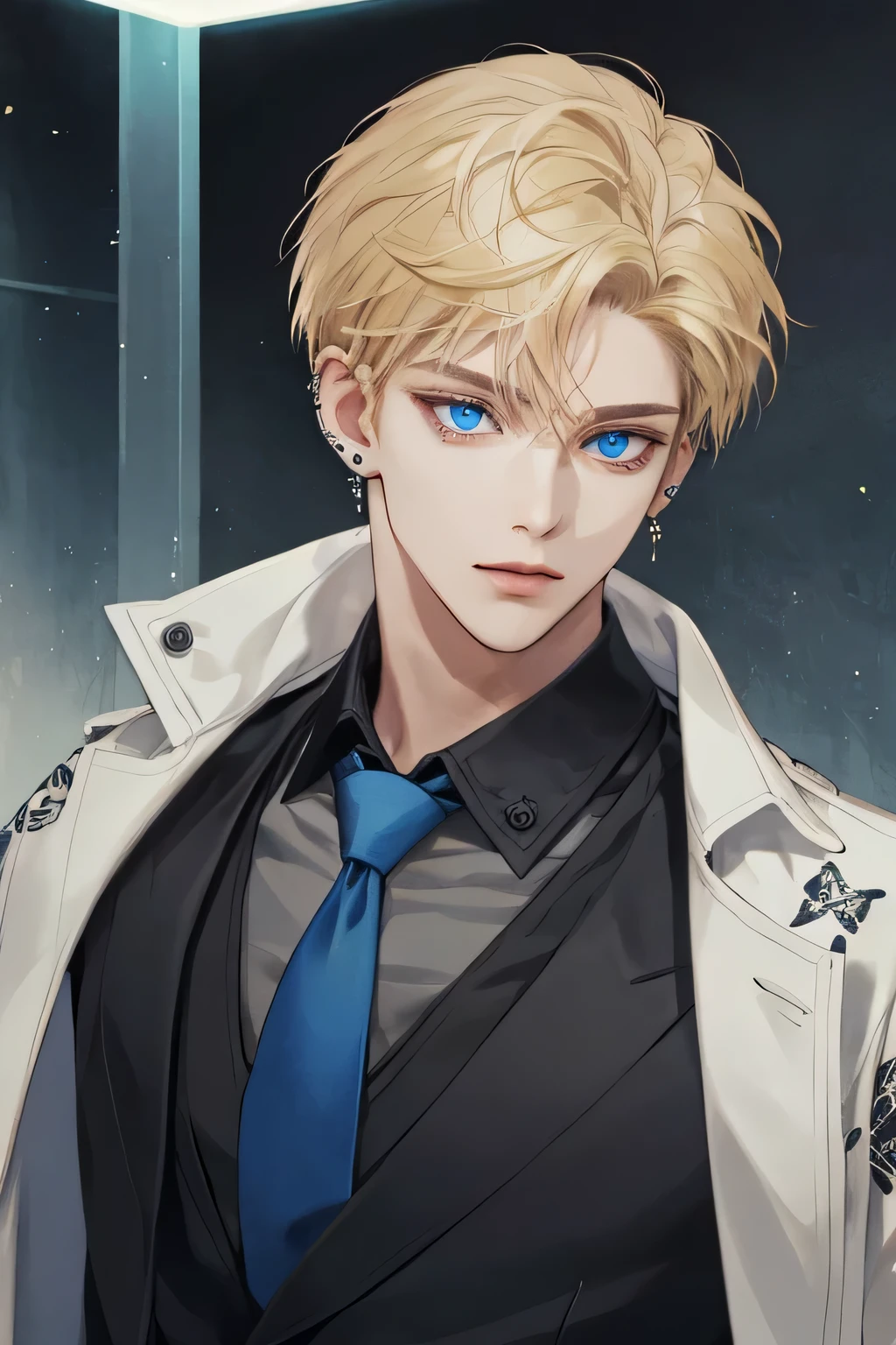 Masterpiece, best quality, high quality, 1boy, face focus, adult, suit, jacket, black shirt, tie, pants, little tattoos, lots of piercings, earrings, best quality, face detail, detail background, short blonde hair, blue eyes, closed moutht, half body, look at camera