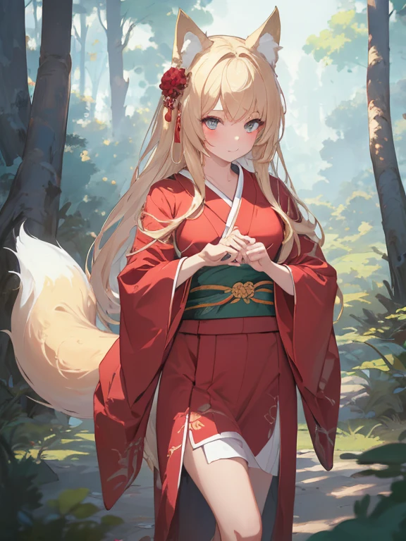 masterpiece, highest quality, Very detailed, 16k, Ultra-high resolution, Cowboy Shot, One -yeld gi Detailed face, Perfect Fingers, Fox Ears, tail, Golden Eyes, Blonde, Long Hair, Red kimono, in the forest, During a walk