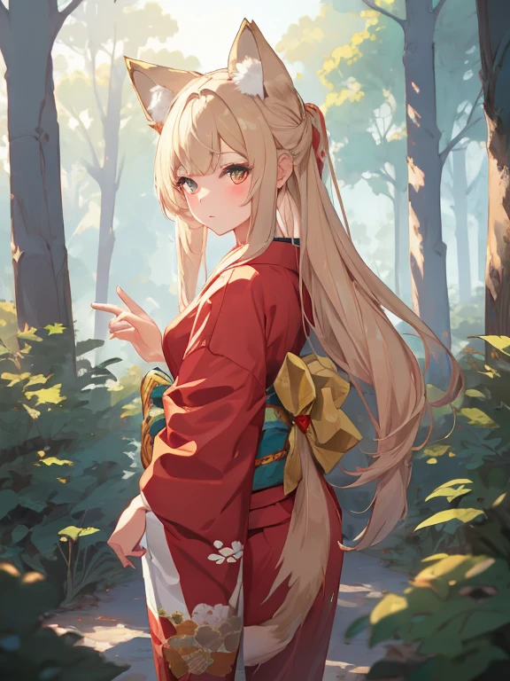 masterpiece, highest quality, Very detailed, 16k, Ultra-high resolution, Cowboy Shot, One ****************, Detailed face, Perfect Fingers, Fox Ears, tail, Golden Eyes, Blonde, Long Hair, Red kimono, in the forest, During a walk