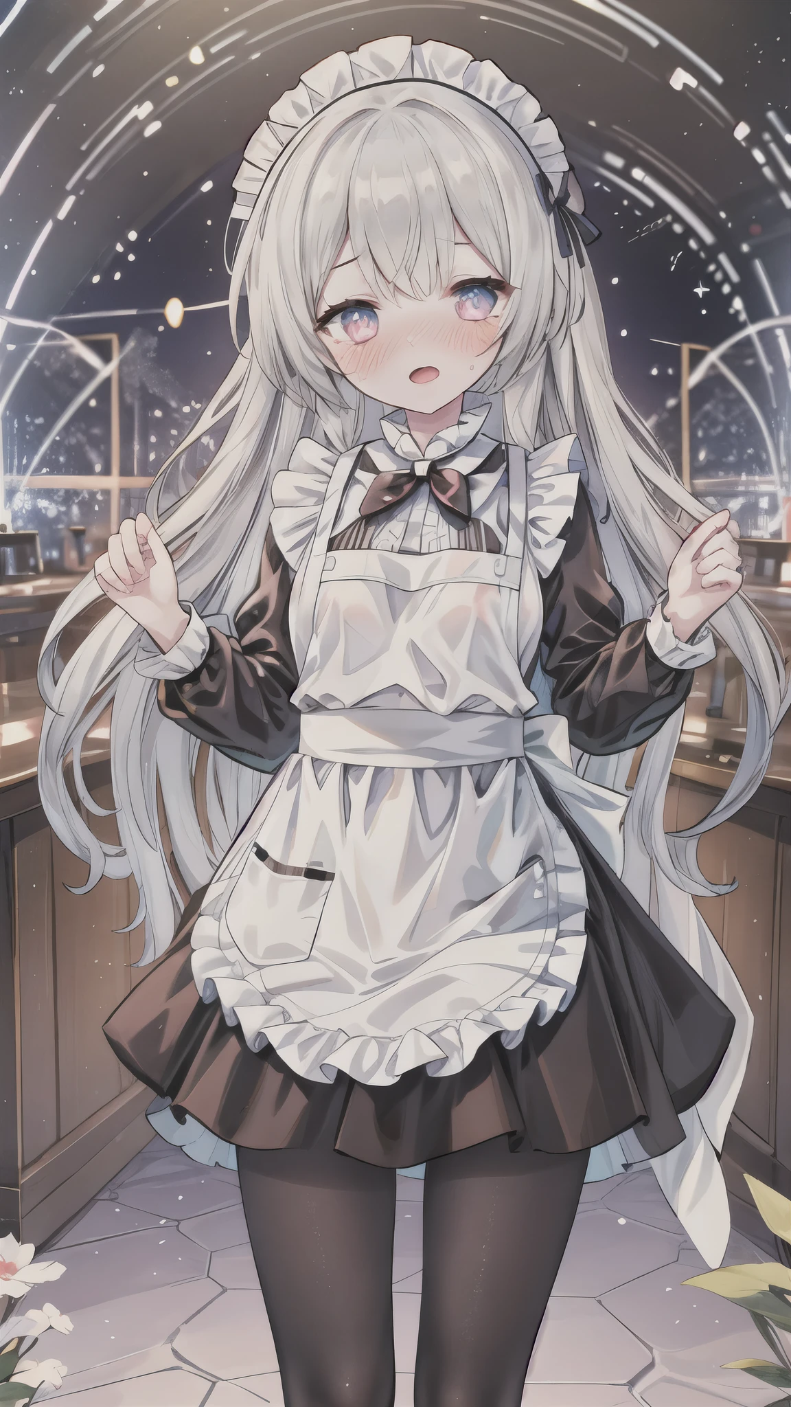 1 Girl, firefly \(Honkai: Star Trails\), Headbands, Solitary, maid, maid headdress, maid apron, embarrassed, Pantyhose, open mouth, blush, Open your mouth, Looking at the audience, Cowboy shooting, bar \(place\), indoors, Depth of Field, masterpiece