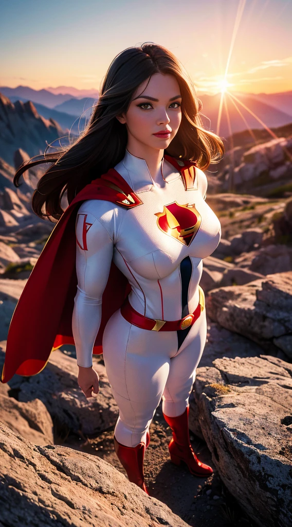 Superman (woman, Superman costume in white with red and gold details) от DC Comics, CGI with clear focus, Photorealistic, high detail, Realistic, Masterpiece, absurdress, Best Quality, HDR, hiquality, hight resolution, Extremely detailed, 8k wallpaper, intricate details, 8K UHD, Full-HD, (foto realista:1.2), Contrast, sharp lighting, Cinematic lighting, natural lighting, hard light, Backlighting, Global Illumination, Environment Occlusion,  ((Standing in the middle TOP OF A HIGH ROCKY MOUNTAIN, SUNSET, BLUE SKY,)) , Hyper_girl
