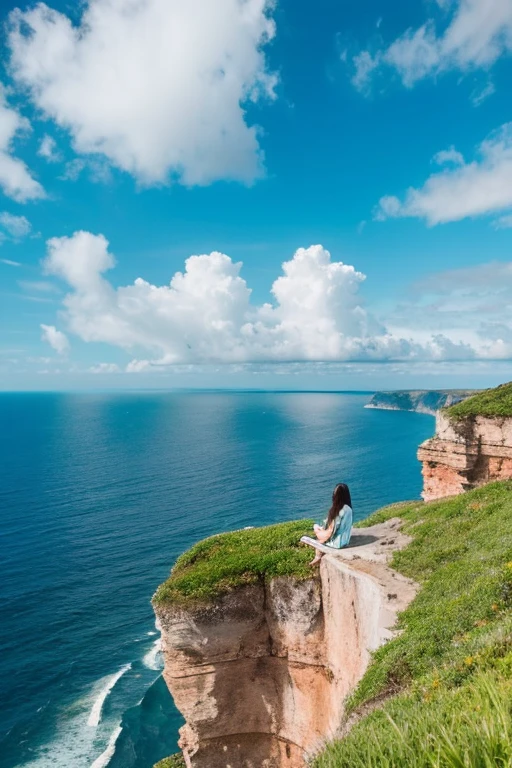 Spectacular ocean views from the high cliffs of the grassland、Colorful、Scaly clouds、Emotional、pastel colour
