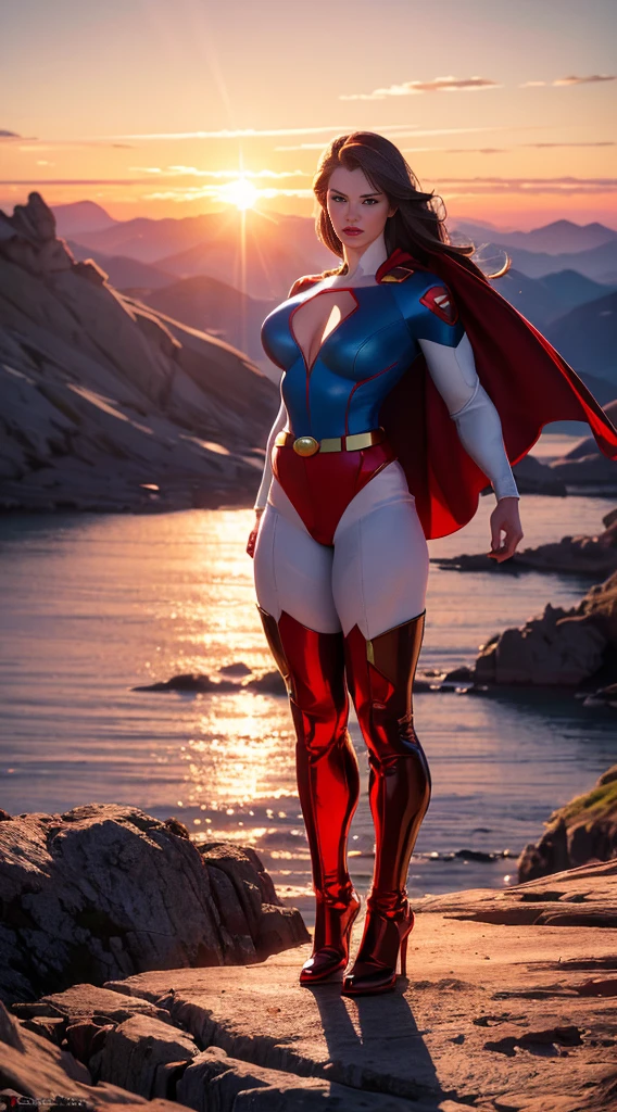 Superman (woman, Superman costume in white with red and gold details) от DC Comics, CGI with clear focus, Photorealistic, high detail, Realistic, Masterpiece, absurdress, Best Quality, HDR, hiquality, hight resolution, Extremely detailed, 8k wallpaper, intricate details, 8K UHD, Full-HD, (foto realista:1.2), Contrast, sharp lighting, Cinematic lighting, natural lighting, hard light, Backlighting, Global Illumination, Environment Occlusion,  ((Standing in the middle TOP OF A HIGH ROCKY MOUNTAIN, SUNSET, BLUE SKY,)) , Hyper_girl
