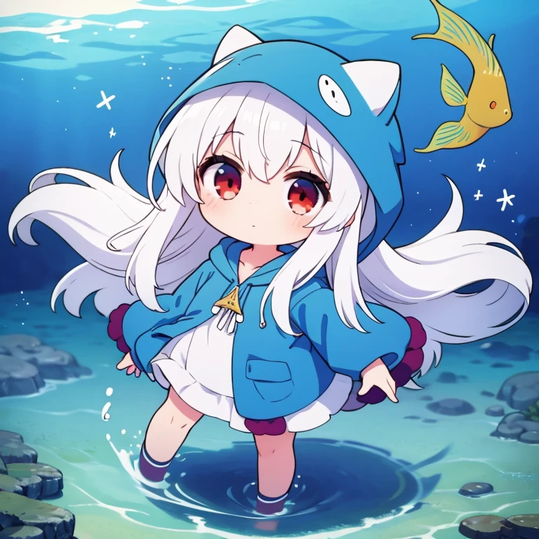 1GIRL,CHIBI,WHITEHAIR,RED EYES,FISH COSTUME,SEA BACKGROUND,HOOD UP