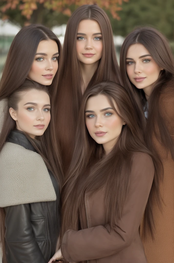 Professional photograph, best quality, 8K, hyper detailed, half body, A close up portrait of four gorgeous, beautiful, wonderful women, argentinian, russian croatian and serbian females together posing for the camera. All girls have super long hair, serbian and argentinian girl has dark brown hair, croatian girl has light brown hair, and russian girl has red-brown hair. They are wearing winter outfits, all girl are wearing leather jackets. They are wonderful, dream, ethereal, timeless, majestic beauties from Argentina, Croatia, Russia and Serbia. One hispanic and three slavic females who are dream beauties who comes to the hearts. They're glad, smiling and enjoying a day at park in fall afternoon. True friendship, they pose happy for the camera.