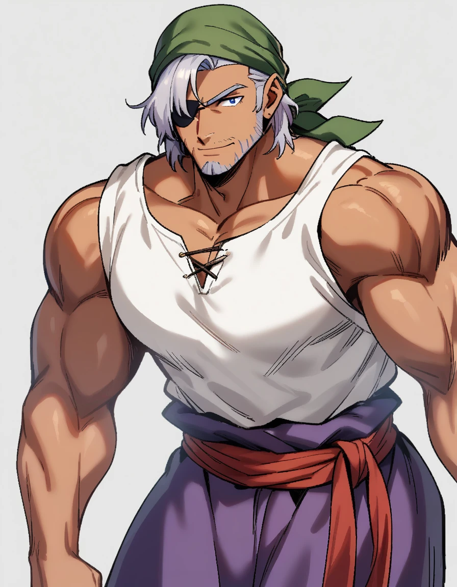 1man, muscular mature, pirate, green headscarf, gray hair, headscarf with asymmetrical bangs, blue 1eye, black eyepatch, short hair, tanned skin, tough, ordinary, forehead, large bangs, BREAK solo, red waist cloth, purple arabian pants, white sleeveless shirt, loose fitting shirt, tented shirt, medieval, soft smile, in jrpg style, 1990s, masterpiece, best quality