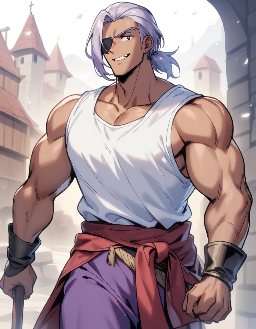 1man, muscular mature, pirate, green headscarf, gray hair, headscarf with asymmetrical bangs, blue 1eye, black eyepatch, short hair, tanned skin, tough, ordinary, forehead, large bangs, BREAK solo, red waist cloth, purple arabian pants, white sleeveless shirt, loose fitting shirt, tented shirt, medieval, soft smile, in jrpg style, 1990s, masterpiece, best quality