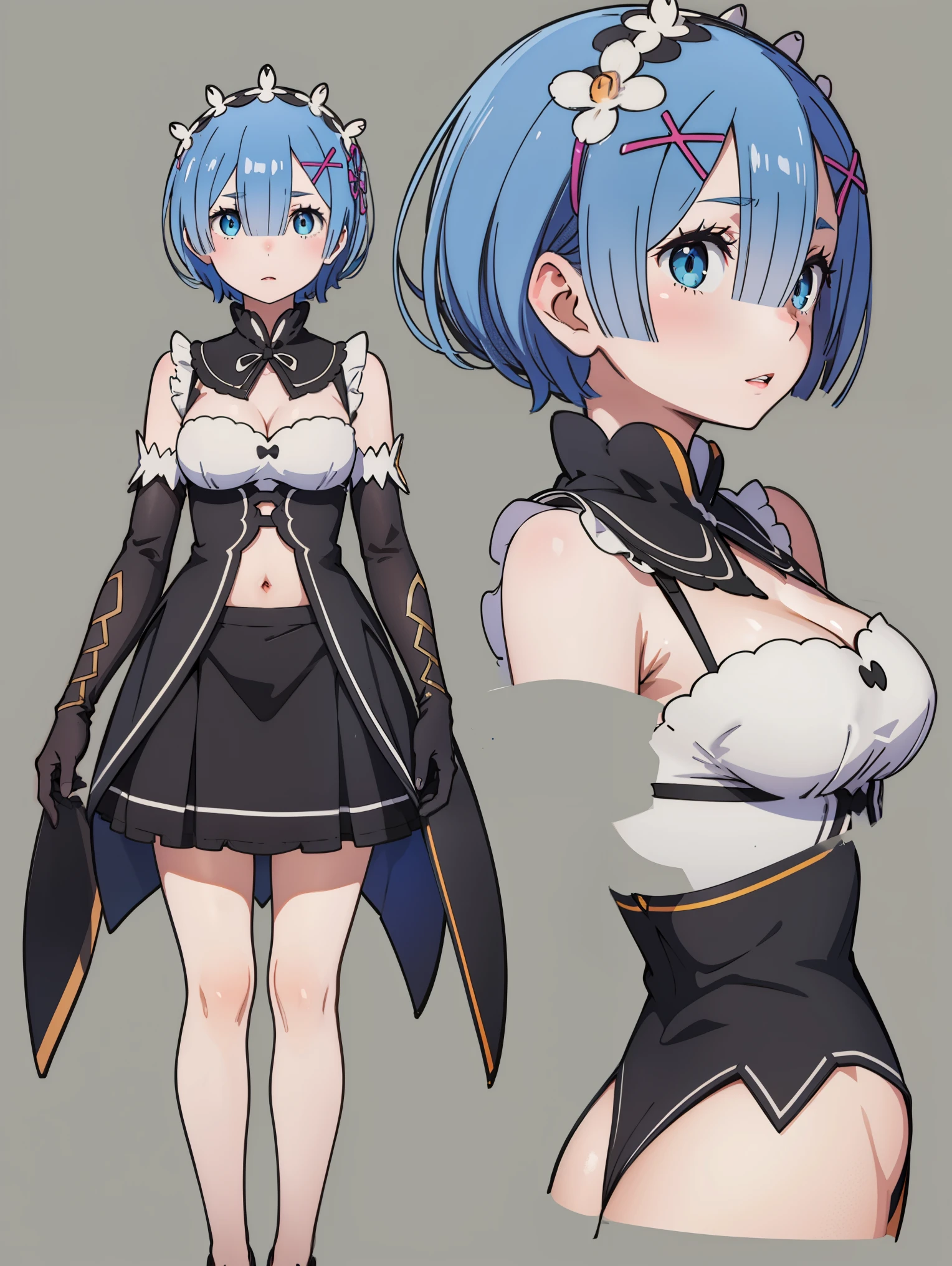 ph_rem, remhd, 1girl, blue hair, solo, blue eyes, x hair ornament,
BREAK (clothing cutout, cleavage, bare shoulders, elbow gloves, navel, skirt:1.2),
BREAK ((sexy )) textured haircut (((detailed character sheet, frontal view, side view, three quarter view))), ((7 heads full body)),
BREAK (masterpiece:1.2), best quality, high resolution, unity 8k wallpaper, (illustration:0.8), (beautiful detailed eyes:1.6), extremely detailed face, perfect lighting, extremely detailed CG, (perfect hands, perfect anatomy),
