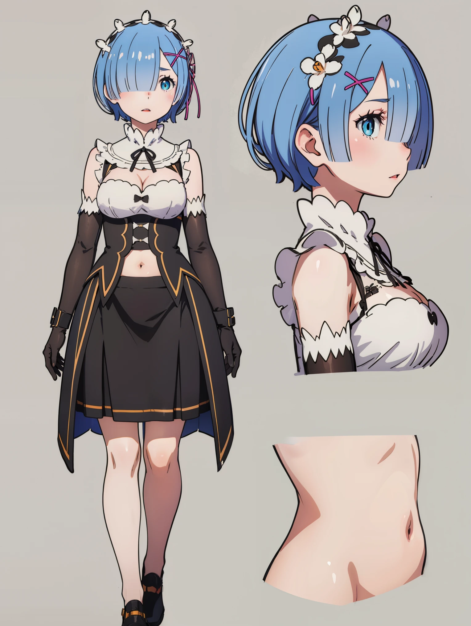 ph_rem, remhd, 1girl, blue hair, solo, blue eyes, x hair ornament,
BREAK (clothing cutout, cleavage, bare shoulders, elbow gloves, navel, skirt:1.2),
BREAK ((sexy )) textured haircut (((detailed character sheet, frontal view, side view, three quarter view))), ((7 heads full body)),
BREAK (masterpiece:1.2), best quality, high resolution, unity 8k wallpaper, (illustration:0.8), (beautiful detailed eyes:1.6), extremely detailed face, perfect lighting, extremely detailed CG, (perfect hands, perfect anatomy),