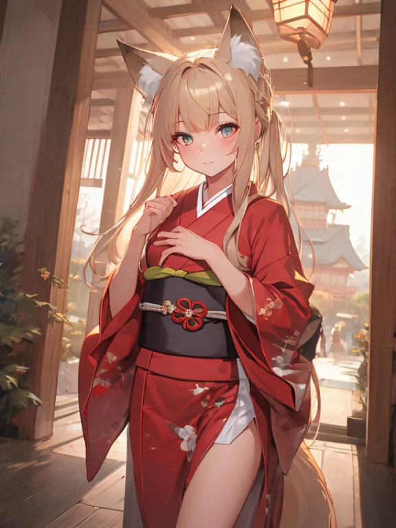 masterpiece, highest quality, Very detailed, 16k, Ultra-high resolution, Cowboy Shot, One -yeld gi Detailed face, Perfect Fingers, Fox Ears, tail, Golden Eyes, Blonde, Long Hair, Red kimono, Japanese Castle, Japanese garden, Walking