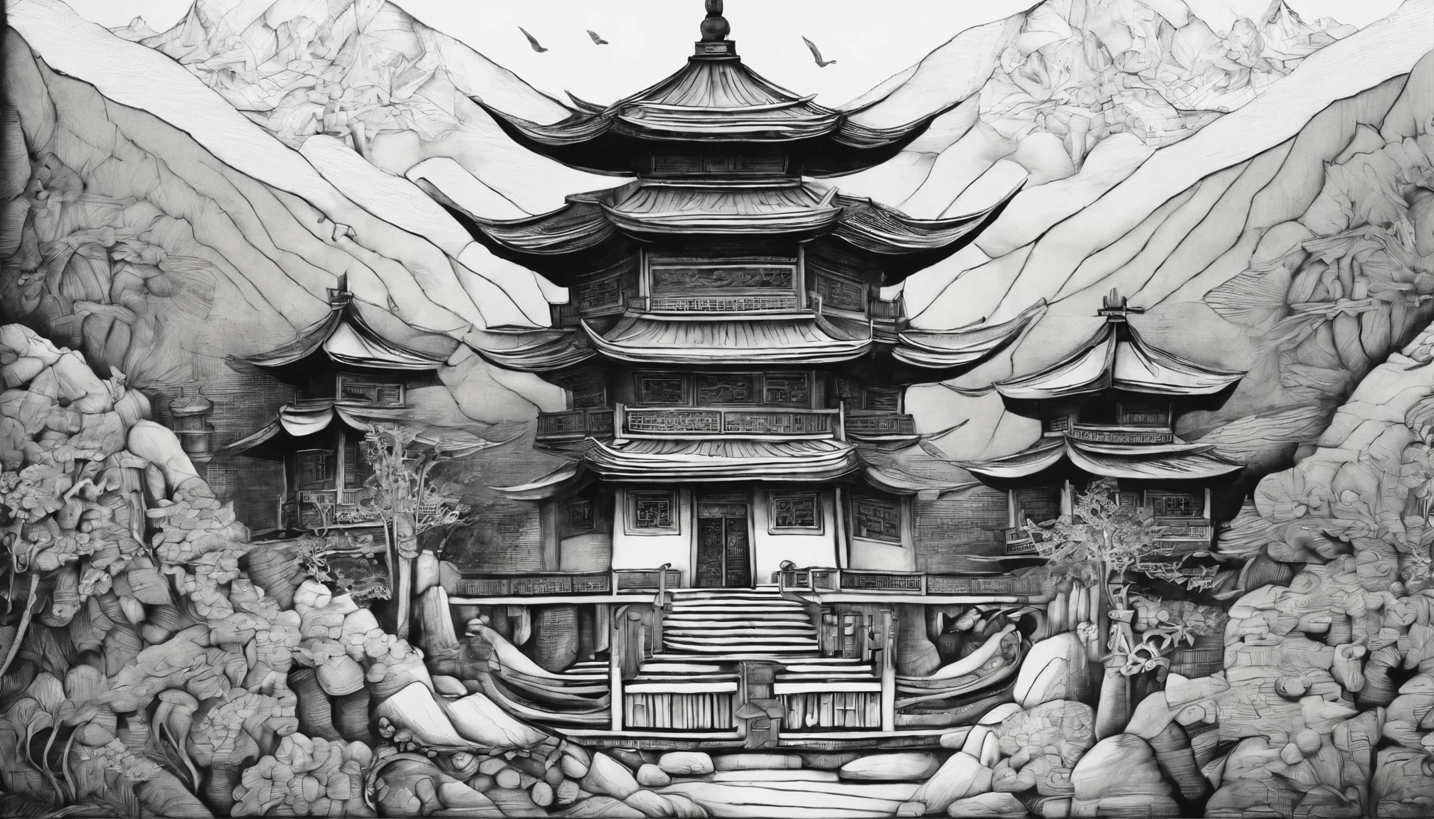 Traditional Chinese colored ink painting,Dancyancient temple,Surrounded by mountains