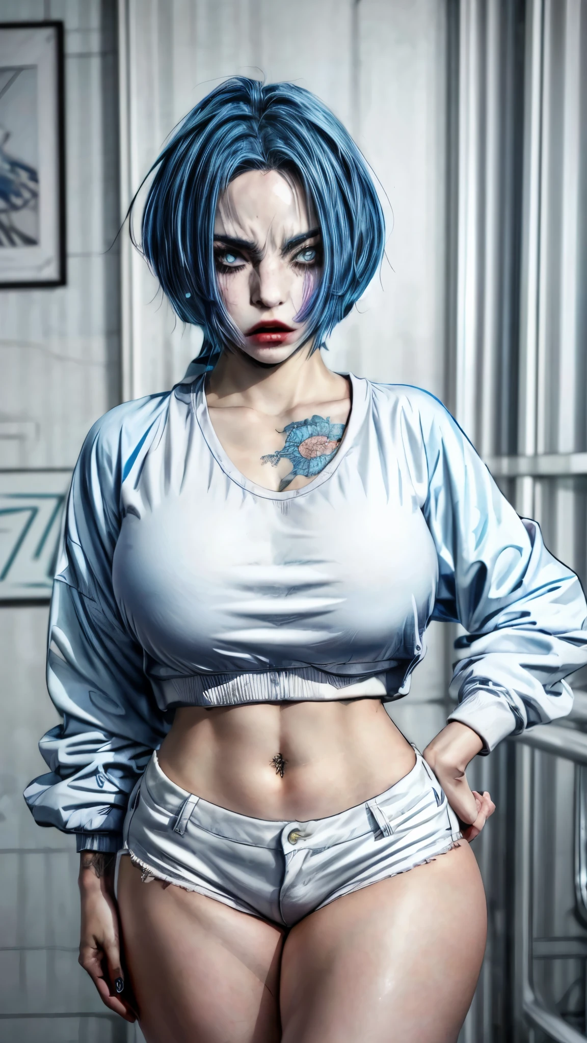 there is a woman with blue hair and a blue top posing, Noah, Wind Breaker, blue haired woman, comic digital art, [ 4 k digital art ]!!, cyborg - girl with silver hair, inked and colored, cyberpunk angry gorgeous goddess, commission for high res, girl with blue hair, beautiful blue haired girl, official artwork hdr