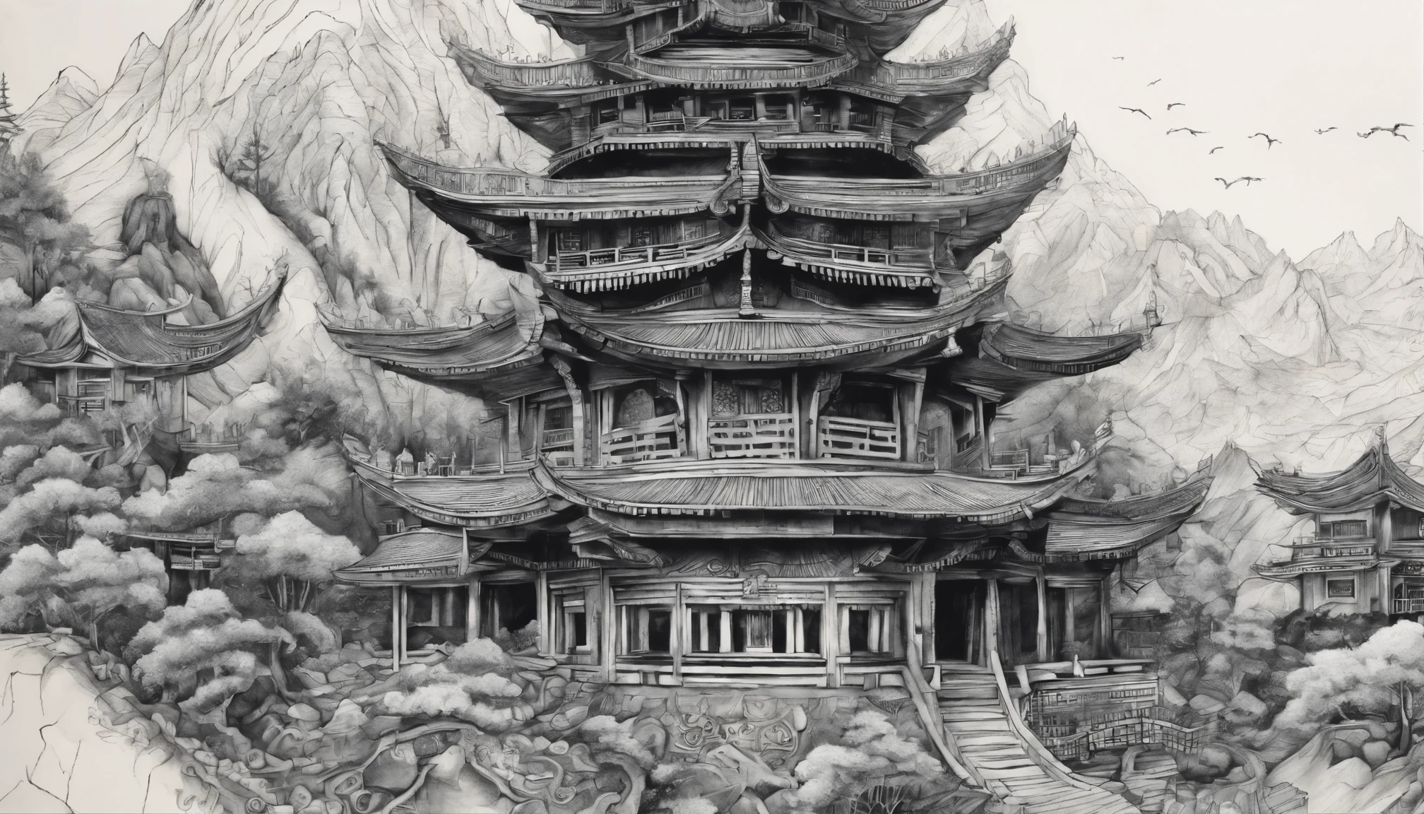 Traditional Chinese colored ink painting,Dancyancient temple,Surrounded by mountains
