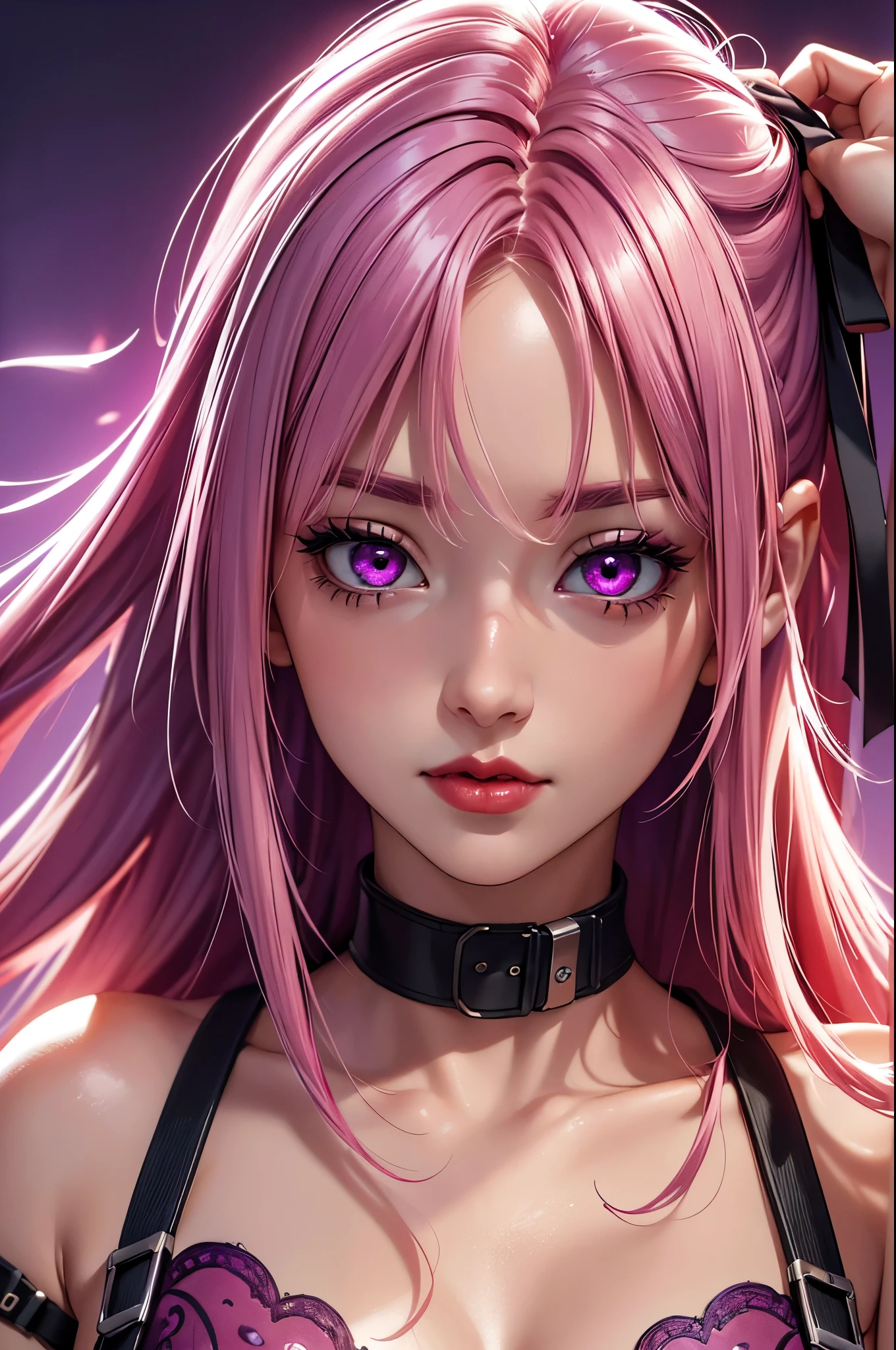 (Best quality at best,8K,A high resolution,tmasterpiece:1.2),Digital artwork, one girl,detailed face,detailed eyes,pink hair,long straight hair,glowing purple eyes,red lip,Suspenders