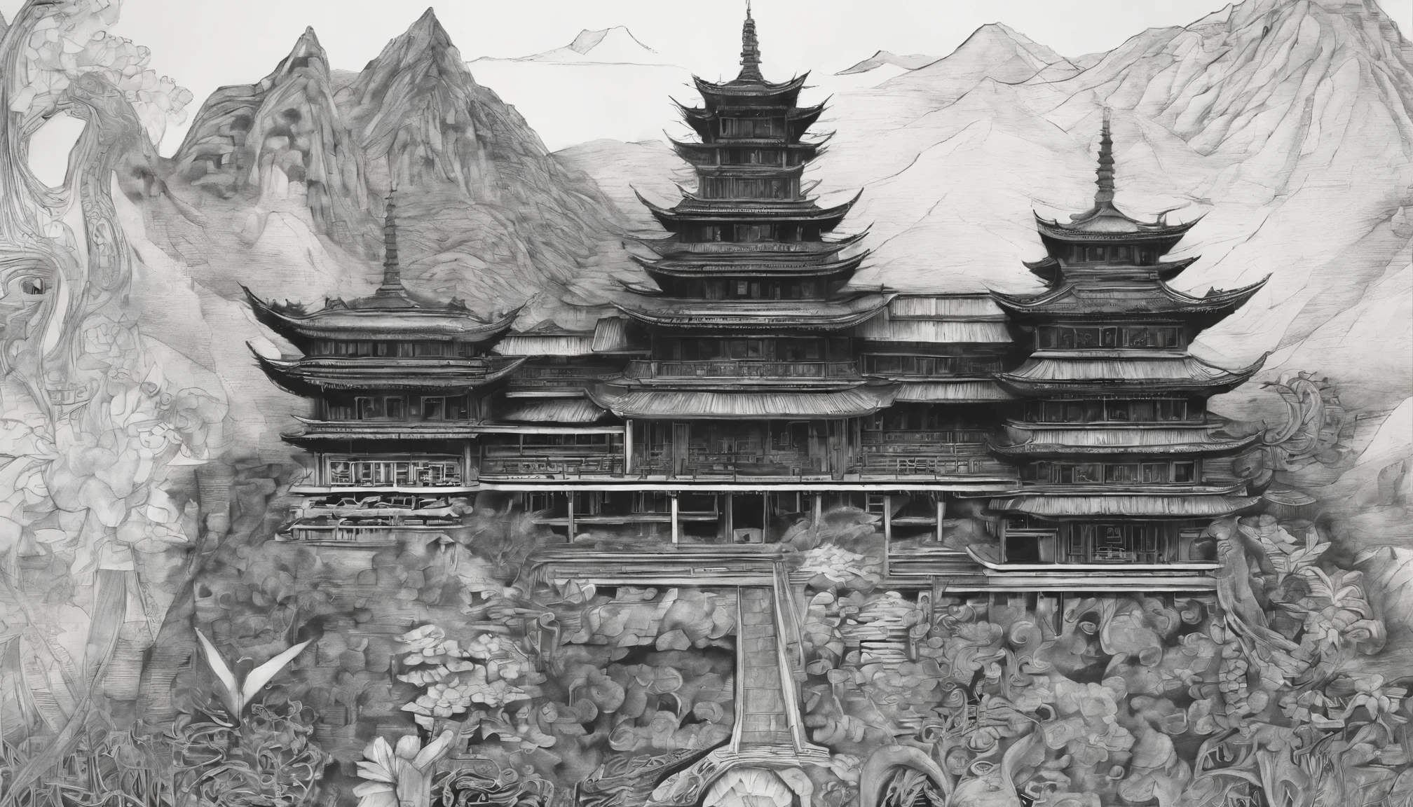 Traditional Chinese colored ink painting，Dancyancient temple，Surrounded by mountains