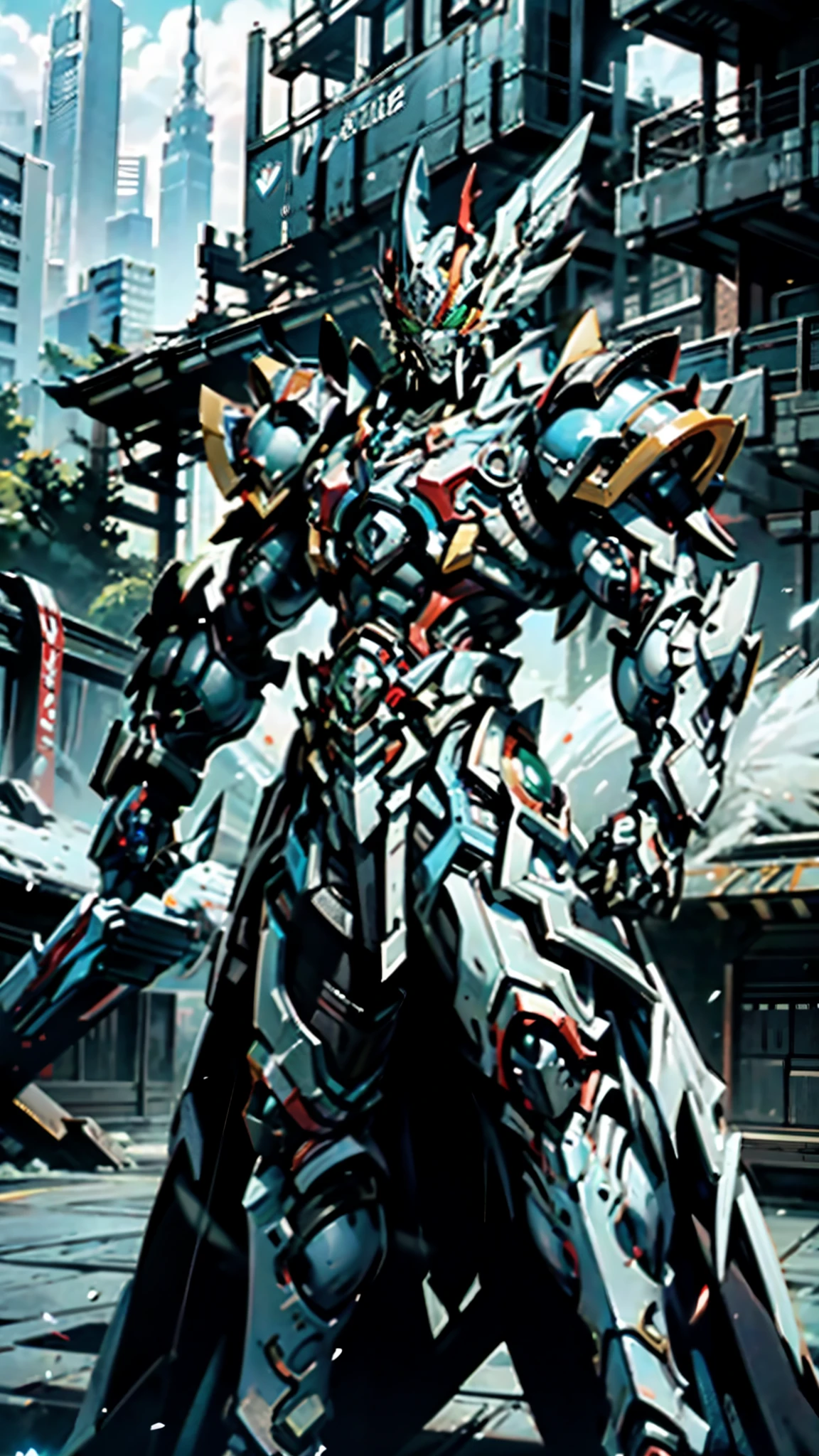 A man wearing a full-face helmet, a fantasy-style biotech armored combat suit, green eyes, (a composite layered chest armor), fully enclosed shoulder guards, matching arm and leg guards, the belt is adorned with Falcon Wing, (the color scheme is primarily white with red and blue accents), the design balances heavy with agility, a high-tech bio-mecha armor, (Armor Concept Inspired by Falcon, stand on the top of a skyscraper in a futuristic sci-fi city), this character embodies a finely crafted fantasy-surreal style armored hero in anime style, exquisite and mature manga art style, (element, plasma, energy, the armor glows), ((male:1.5)), metallic, real texture material, dramatic, high definition, best quality, highres, ultra-detailed, ultra-fine painting, extremely delicate, professional, perfect body proportions, golden ratio, anatomically correct, symmetrical face, extremely detailed eyes and face, high quality eyes, creativity, RAW photo, UHD, 32k, Natural light, cinematic lighting, masterpiece-anatomy-perfect, masterpiece:1.5