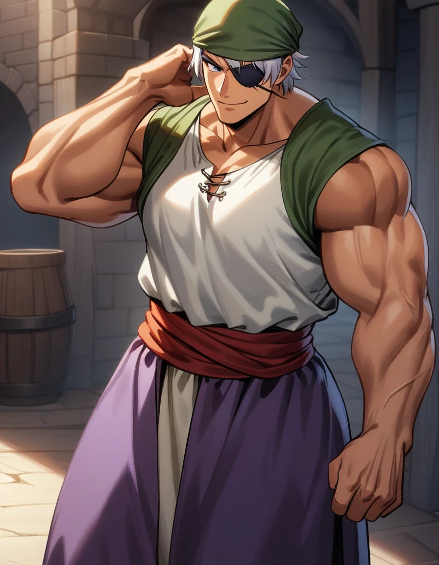 1man, muscular mature, pirate, green headscarf, gray hair, headscarf with asymmetrical bangs, blue 1eye, black eyepatch, short hair, tanned skin, tough, ordinary, forehead, large bangs, BREAK solo, red waist cloth, purple arabian pants, white sleeveless shirt, loose fitting shirt, tented shirt, medieval, soft smile, in jrpg style, 1990s, masterpiece, best quality