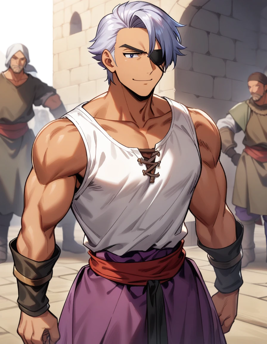 1man, muscular mature, pirate, green headscarf, gray hair, headscarf with asymmetrical bangs, blue 1eye, black eyepatch, short hair, tanned skin, tough, ordinary, forehead, large bangs, BREAK solo, red waist cloth, purple arabian pants, white sleeveless shirt, loose fitting shirt, tented shirt, medieval, soft smile, in jrpg style, 1990s, masterpiece, best quality