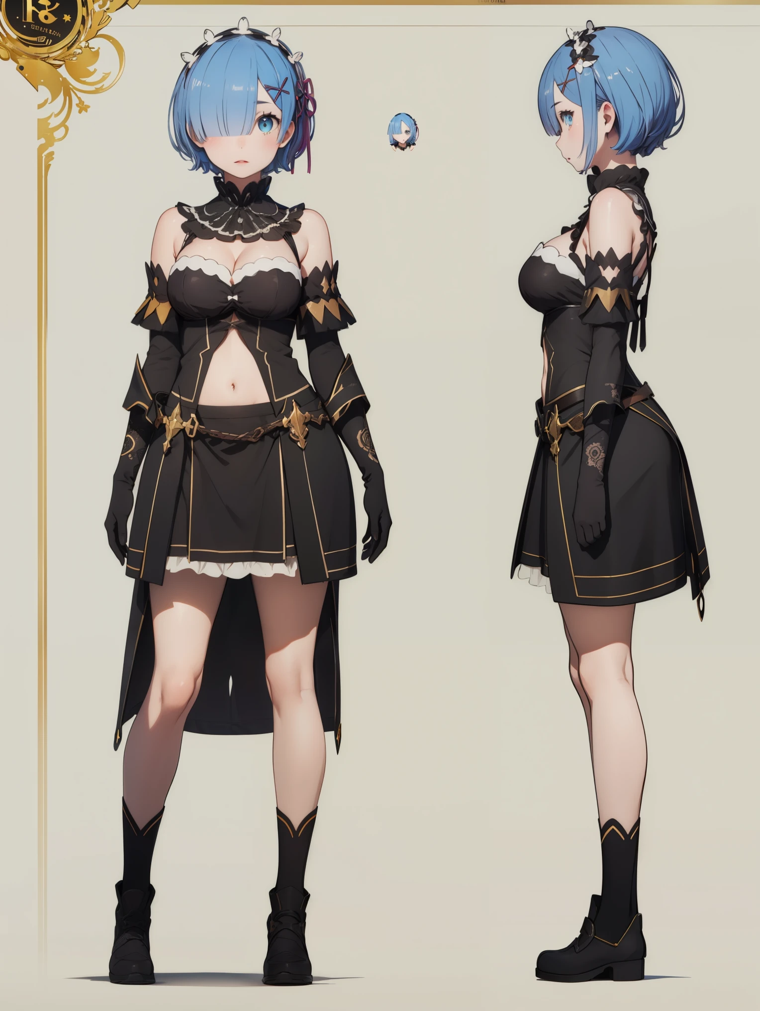 ph_rem, remhd, 1girl, blue hair, solo, blue eyes, x hair ornament,
BREAK (clothing cutout, cleavage, bare shoulders, elbow gloves, navel, skirt:1.2),
BREAK ((sexy )) textured haircut (((detailed character sheet, frontal view, side view, three quarter view))), ((7 heads full body)),
BREAK (masterpiece:1.2), best quality, high resolution, unity 8k wallpaper, (illustration:0.8), (beautiful detailed eyes:1.6), extremely detailed face, perfect lighting, extremely detailed CG, (perfect hands, perfect ???????),